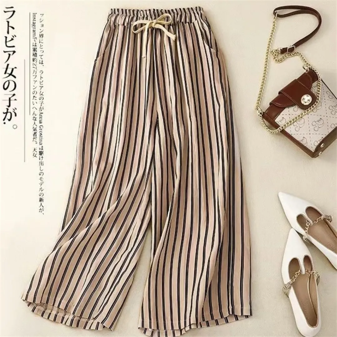 2024 Summer Vintage Striped Cotton Linen Beach Wide Leg Drawstring Trousers