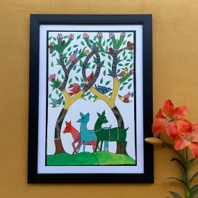 21 Inches Deer Family Gond Art - Handpainted Wall Decor