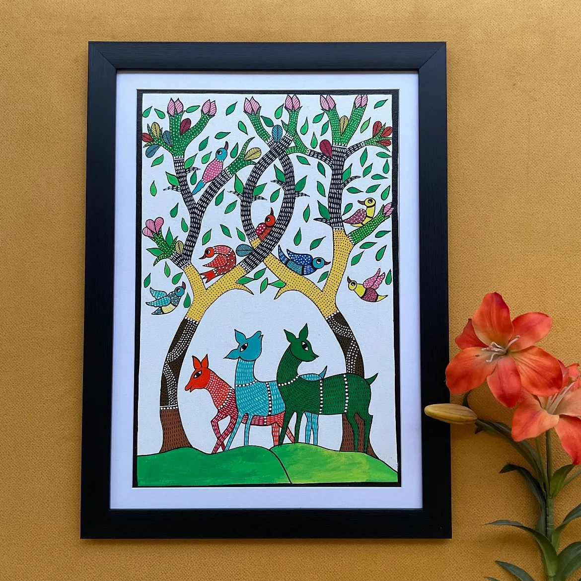 21 Inches Deer Family Gond Art - Handpainted Wall Decor