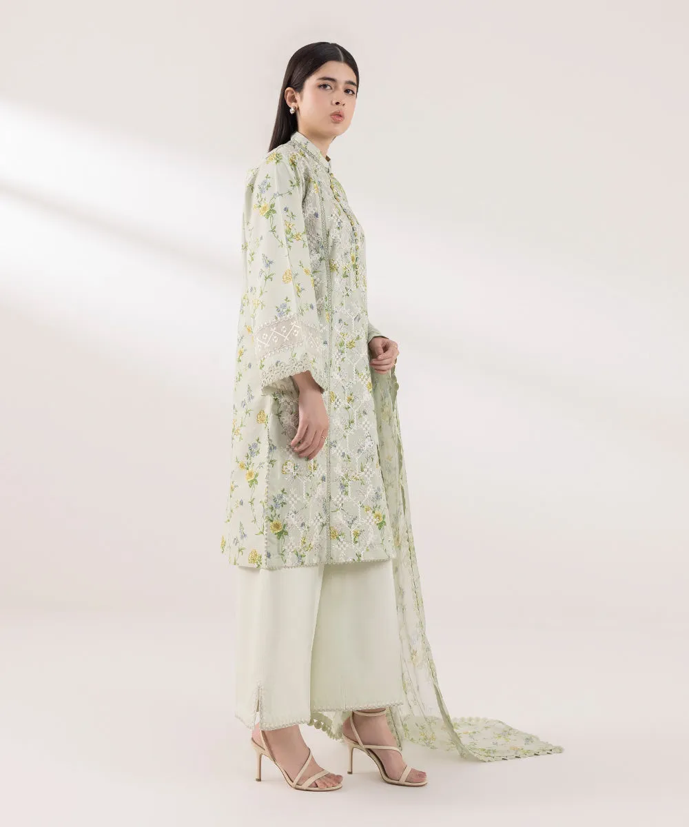 3 Piece - Embroidered Cotton Satin Suit