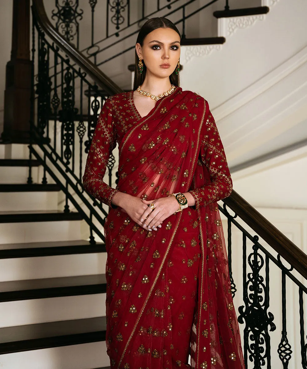 3 Piece -  Embroidered Net Saree