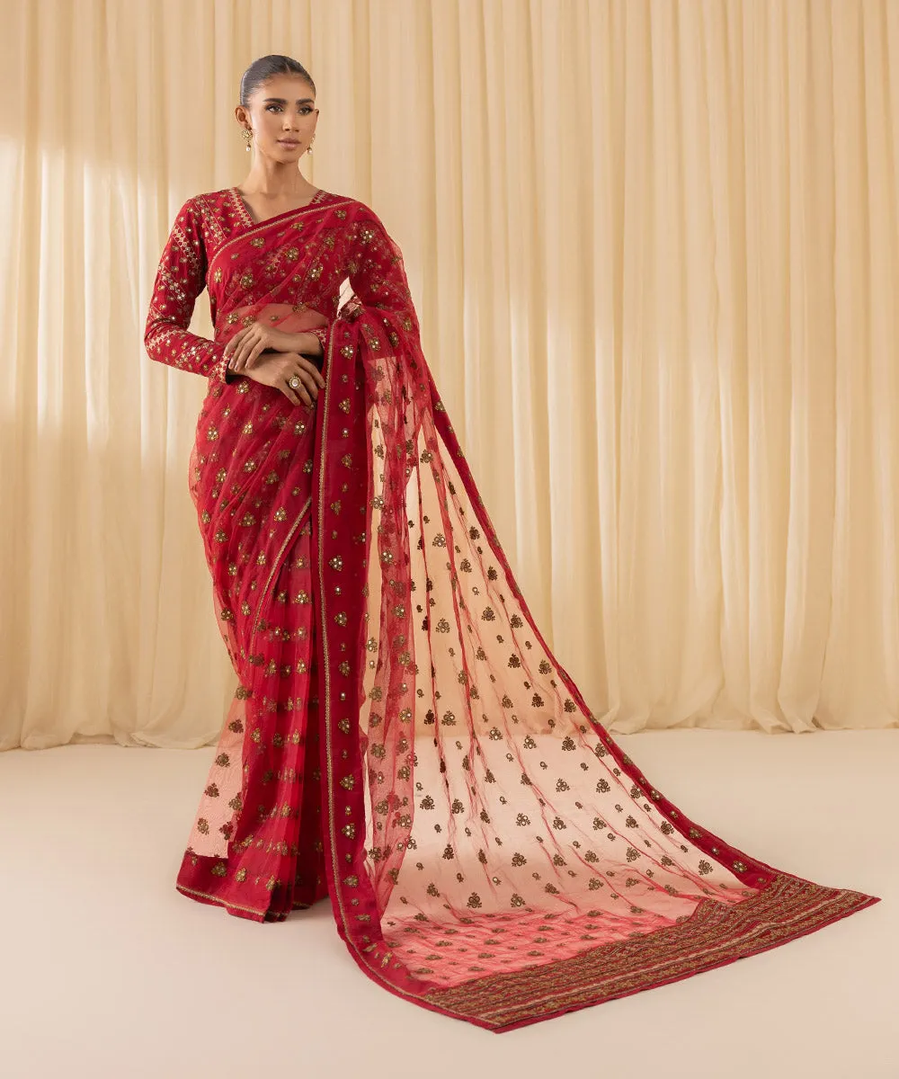 3 Piece -  Embroidered Net Saree