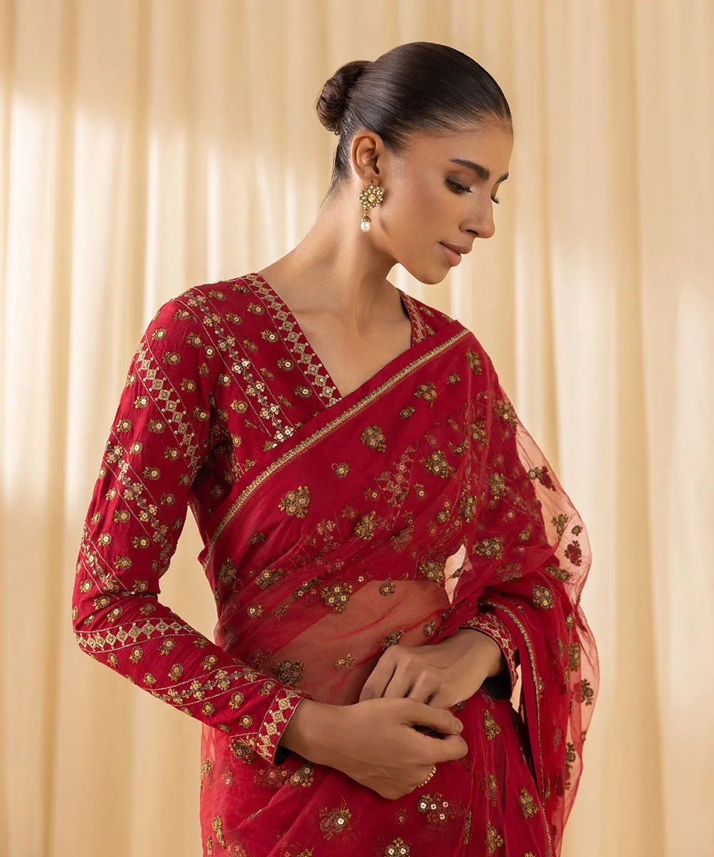 3 Piece -  Embroidered Net Saree