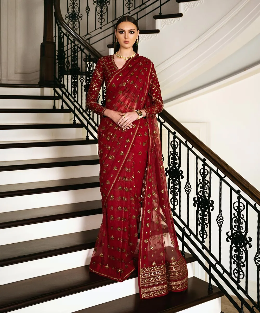 3 Piece -  Embroidered Net Saree