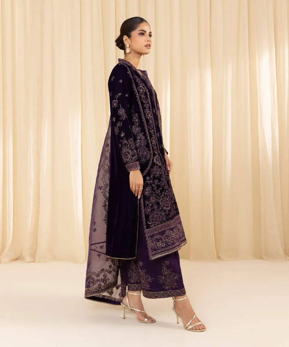 3 Piece -  Embroidered Velvet Suit