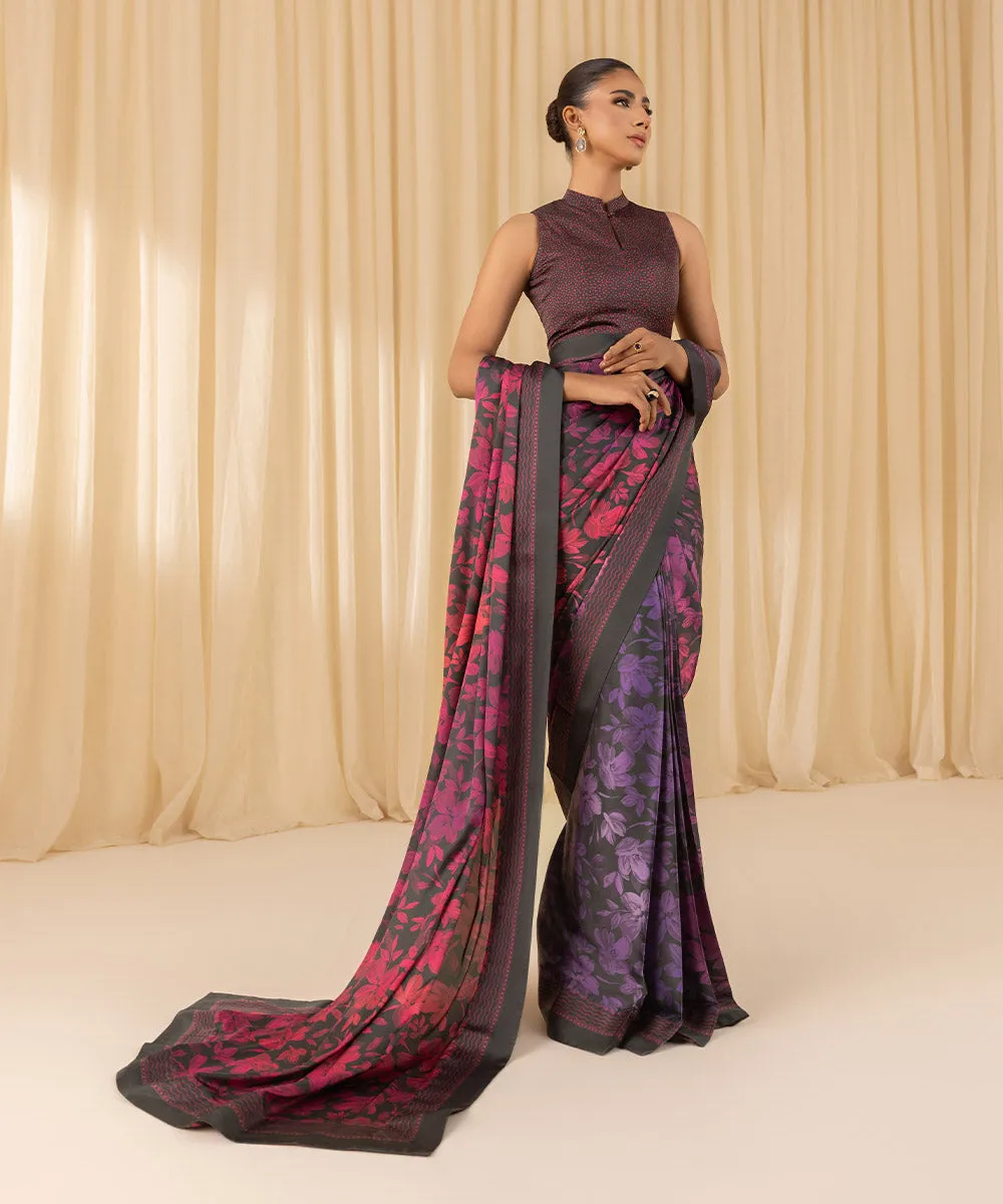 3 Piece -  Printed Satin Saree