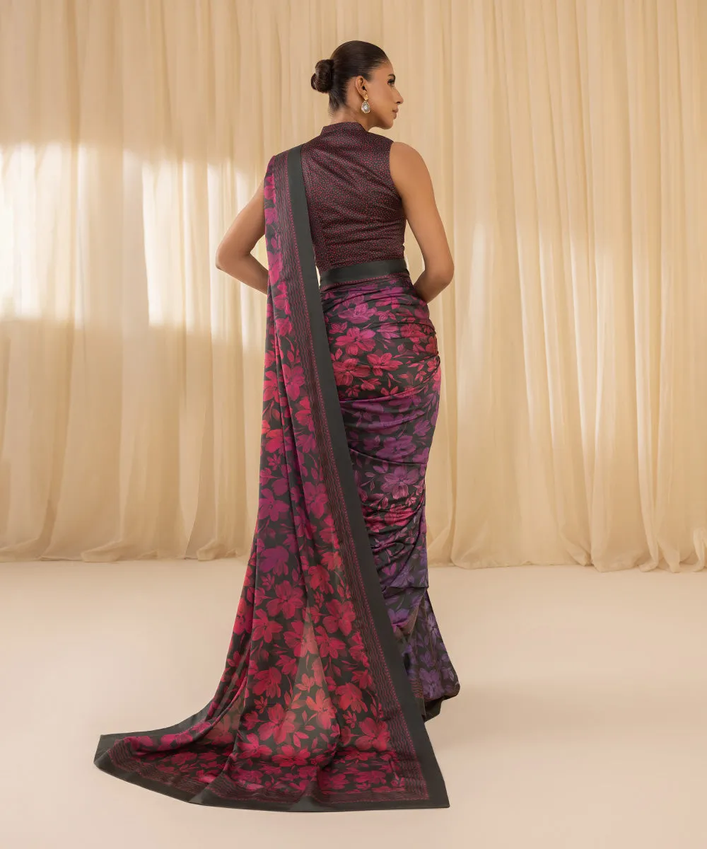 3 Piece -  Printed Satin Saree