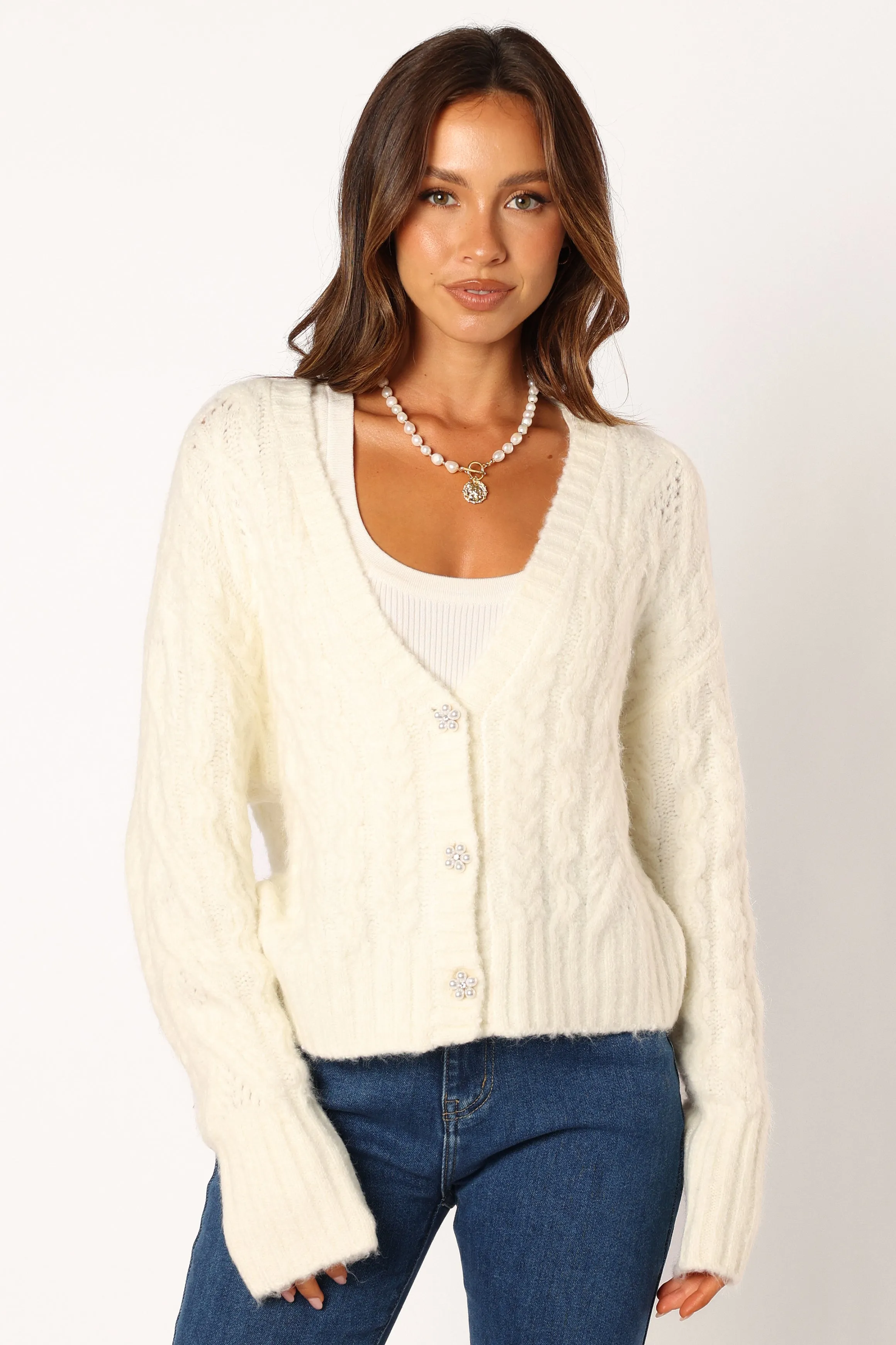 Alessandra Crystal Button Cardigan - Cream