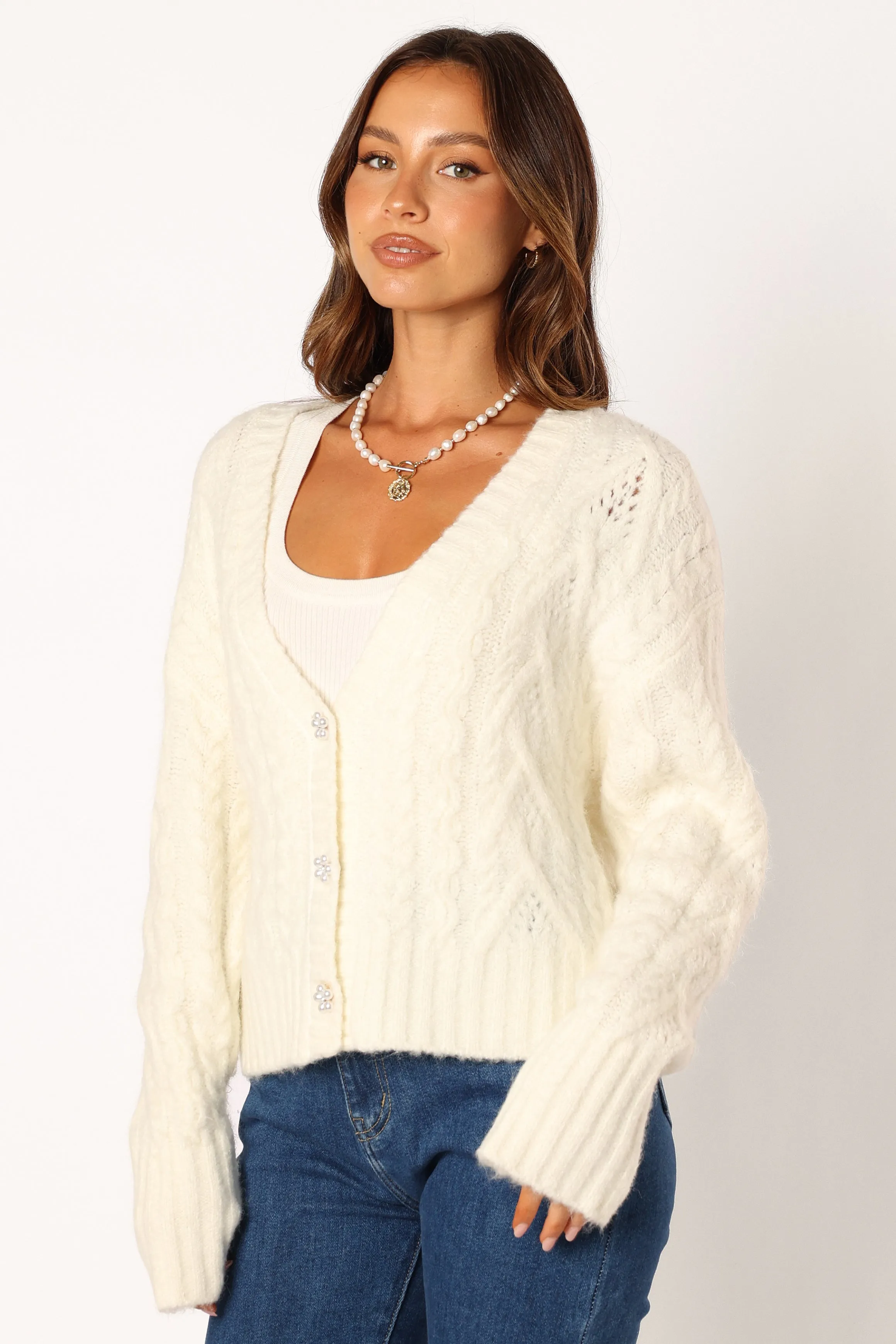 Alessandra Crystal Button Cardigan - Cream