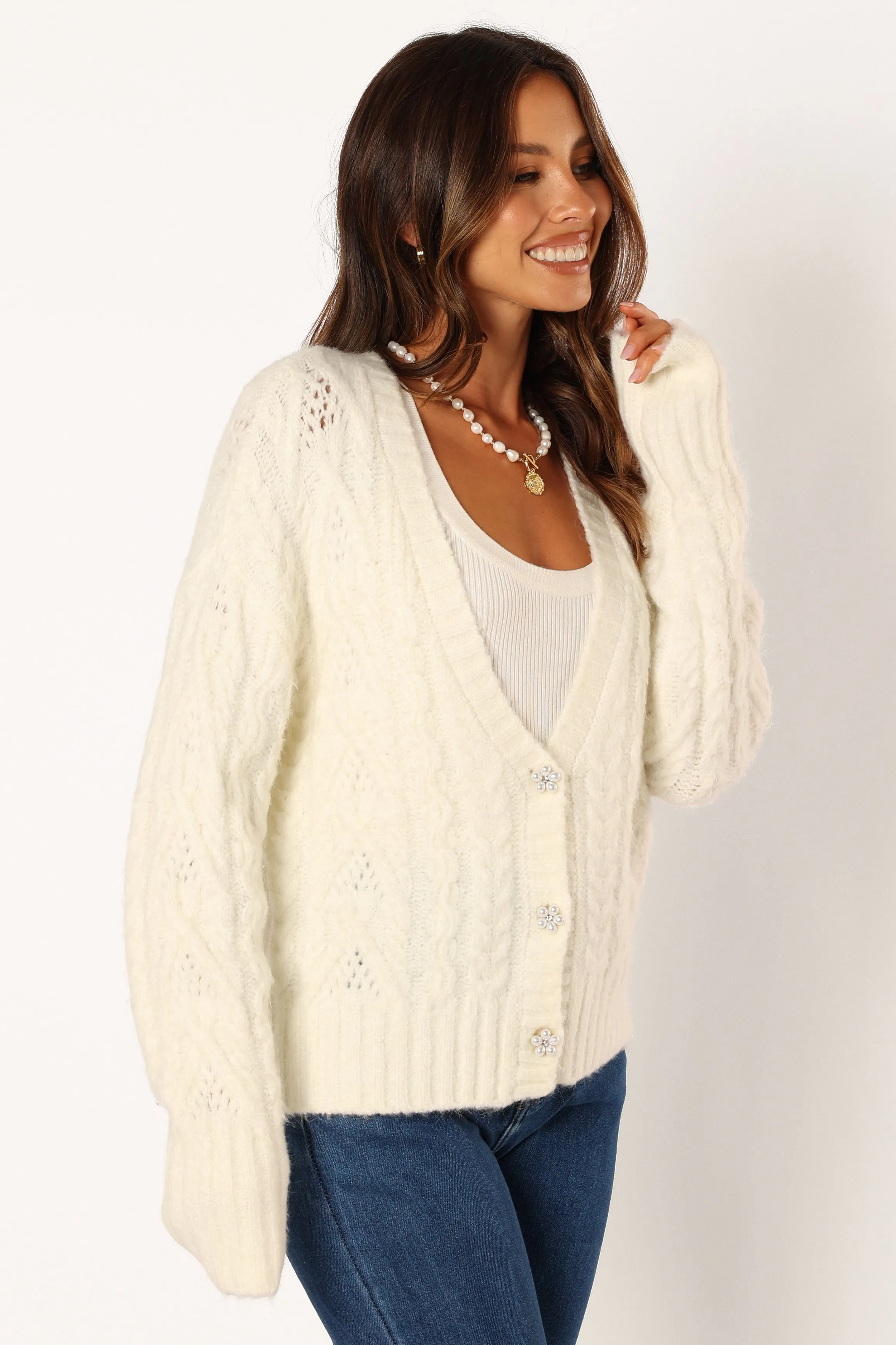 Alessandra Crystal Button Cardigan - Cream