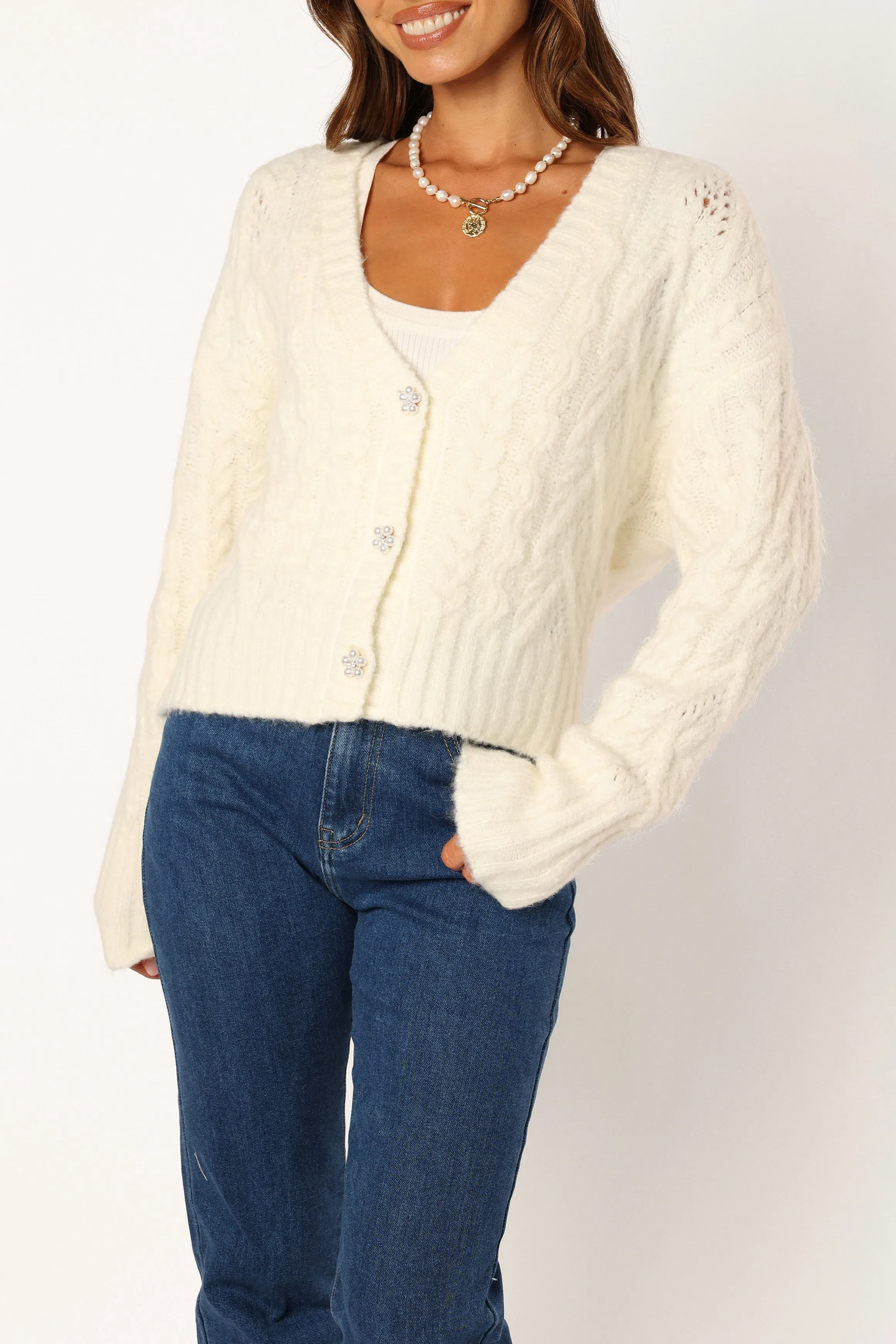 Alessandra Crystal Button Cardigan - Cream