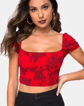 Alya Crop Top in Tonal Floral Red