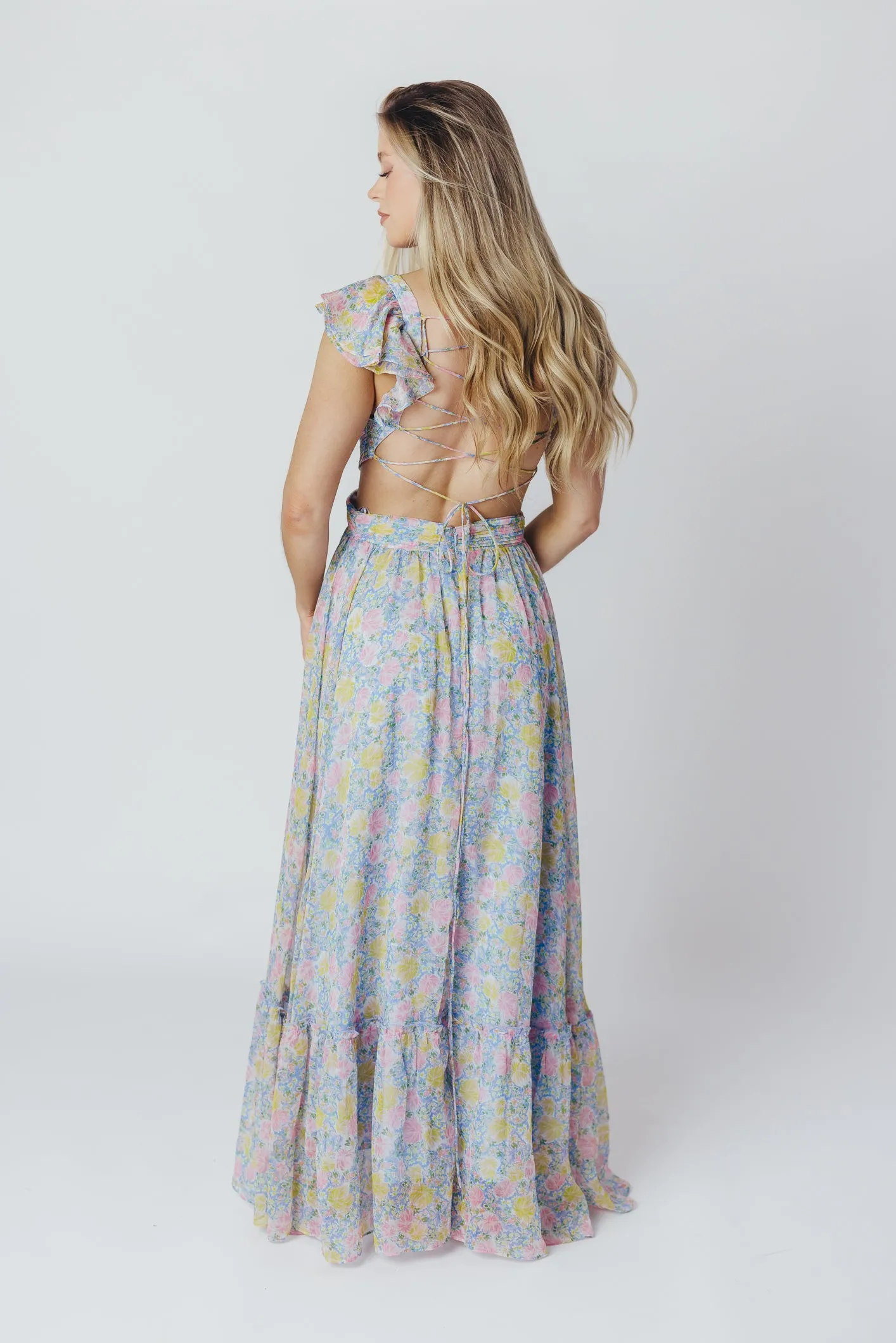 ASTR Primrose Maxi Dress in Blue/Pink Floral