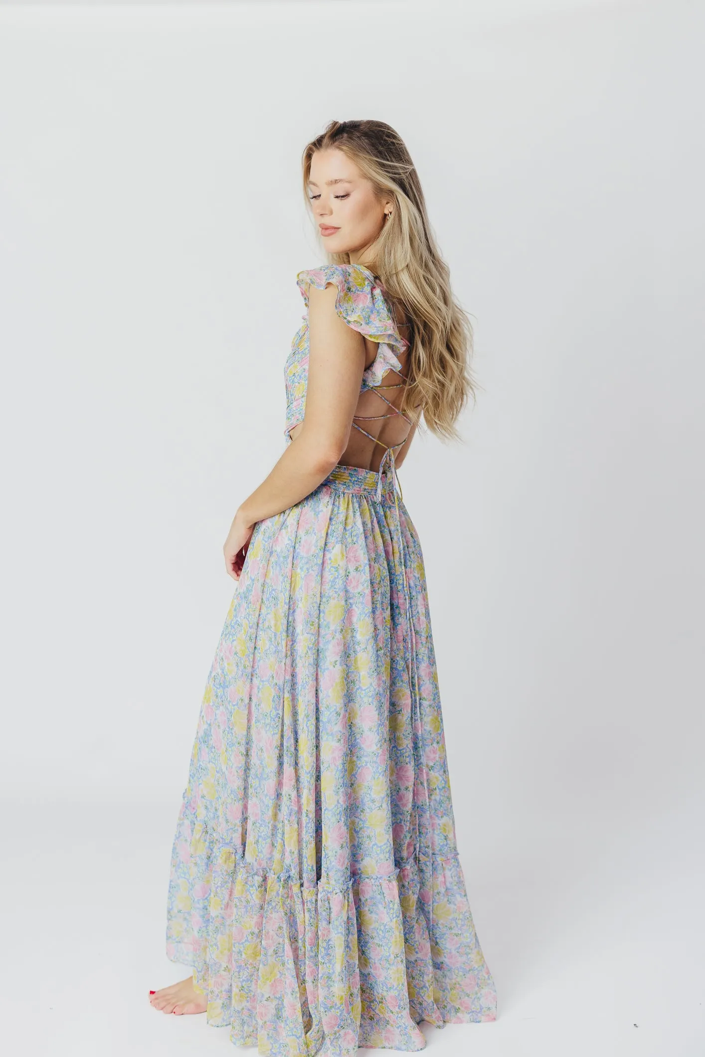 ASTR Primrose Maxi Dress in Blue/Pink Floral