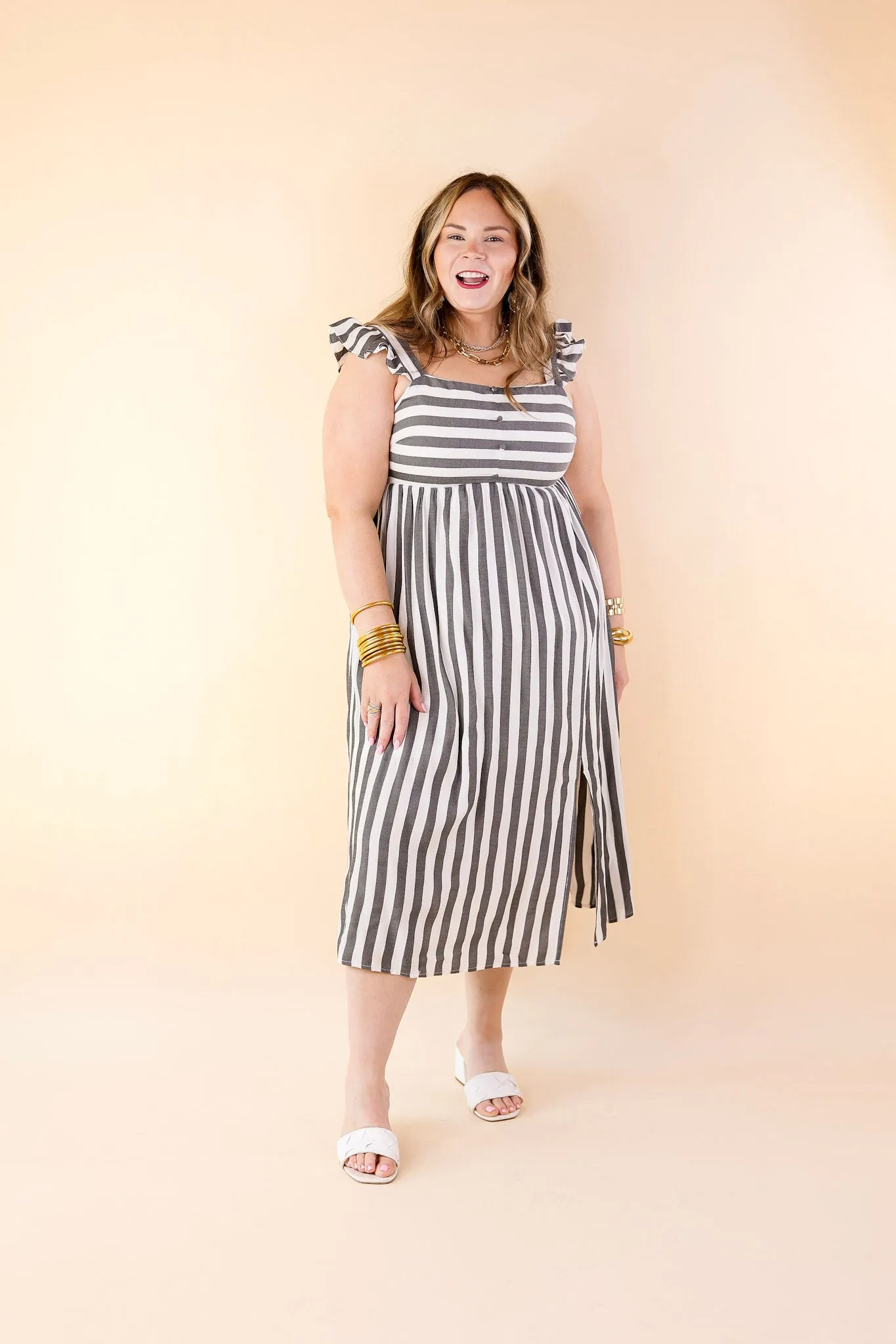 Beach Dreamin Striped Dress in Grey and White