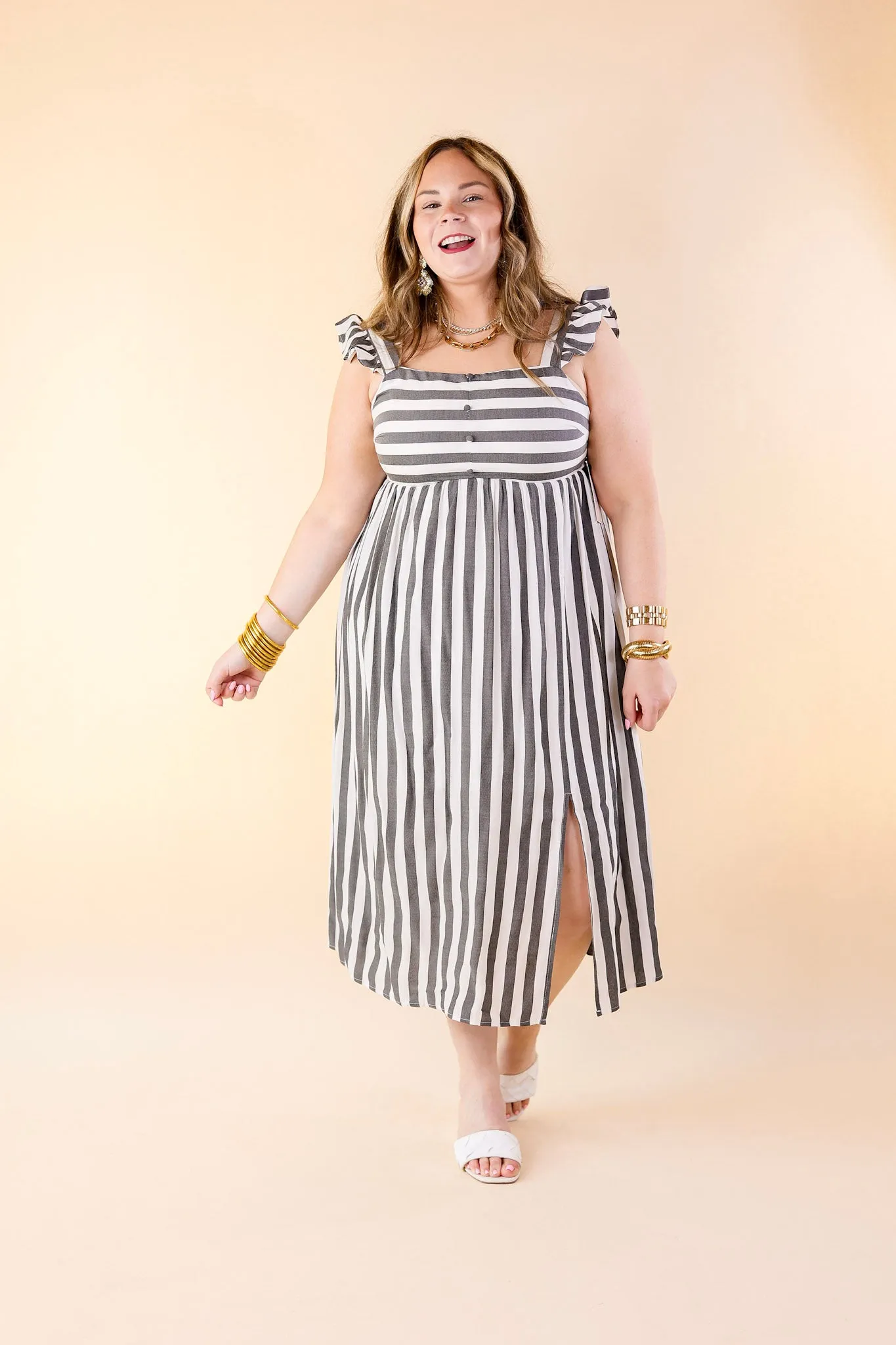 Beach Dreamin Striped Dress in Grey and White