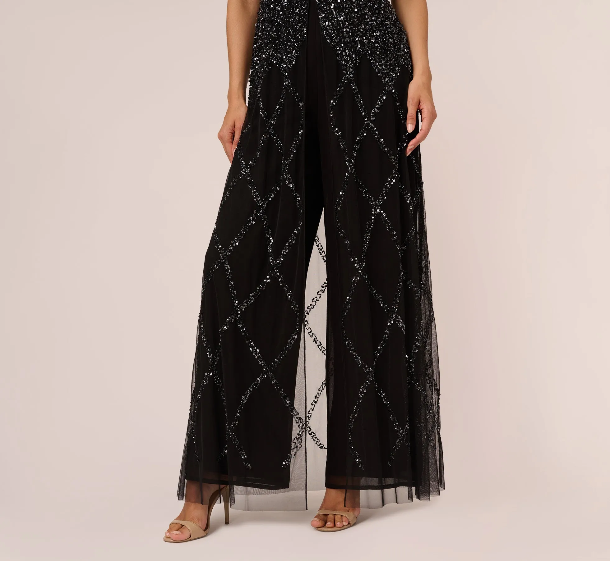 Beaded Wide Leg Jumpsuit With Georgette Overlay In Black