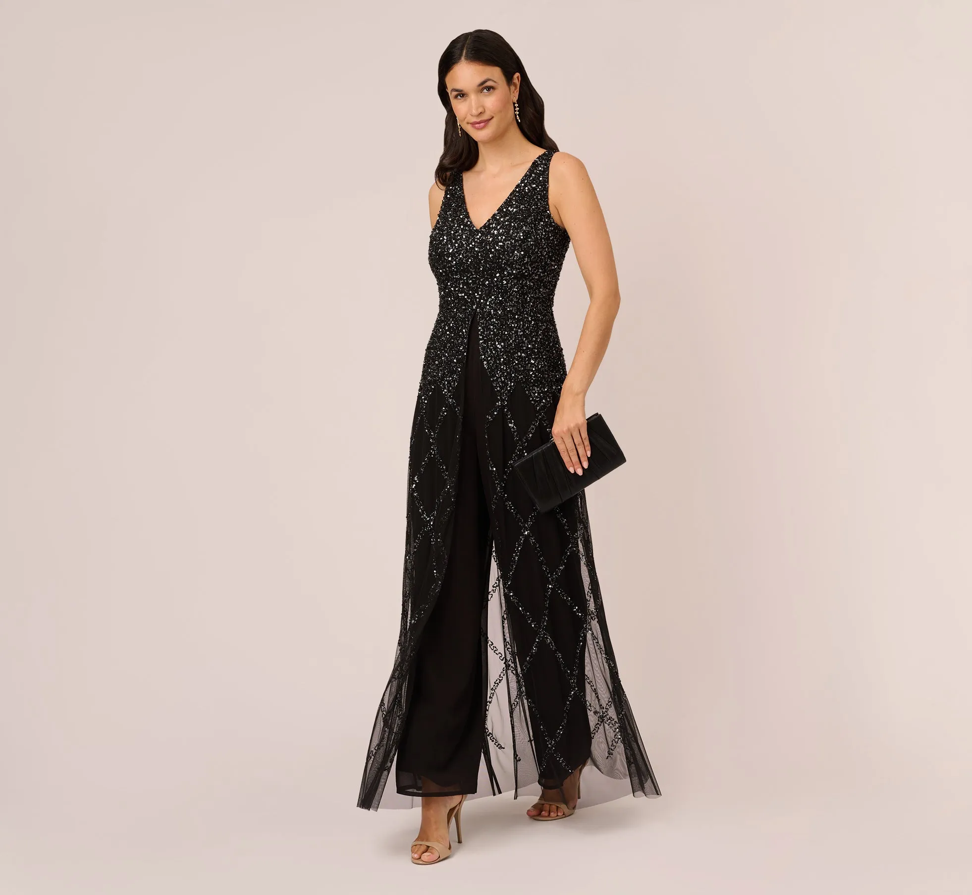 Beaded Wide Leg Jumpsuit With Georgette Overlay In Black