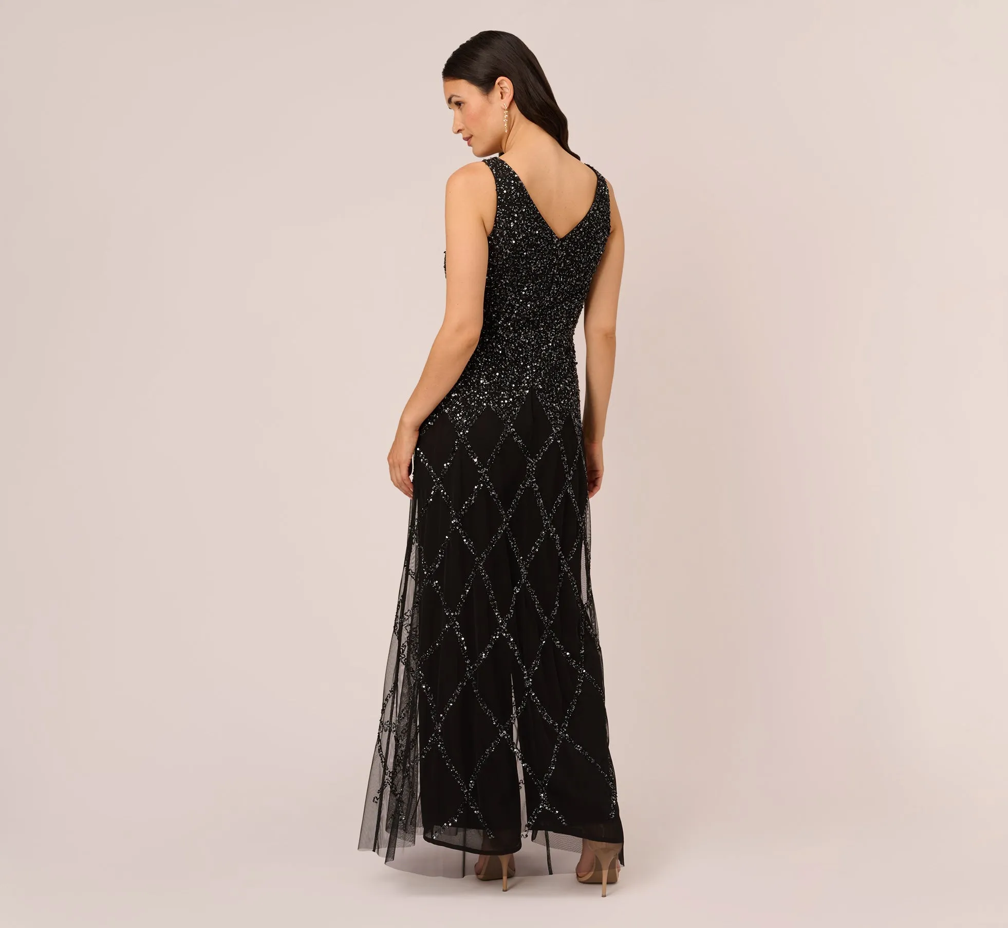 Beaded Wide Leg Jumpsuit With Georgette Overlay In Black