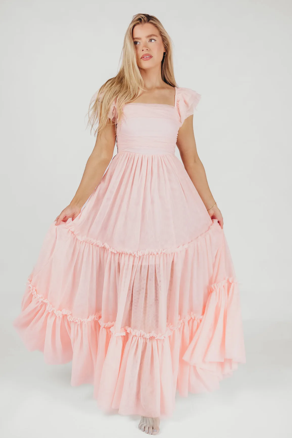 Bella Tiered Tulle Maxi Dress in Pink Blush - Bump Friendly & Inclusive Sizing (S-3XL)