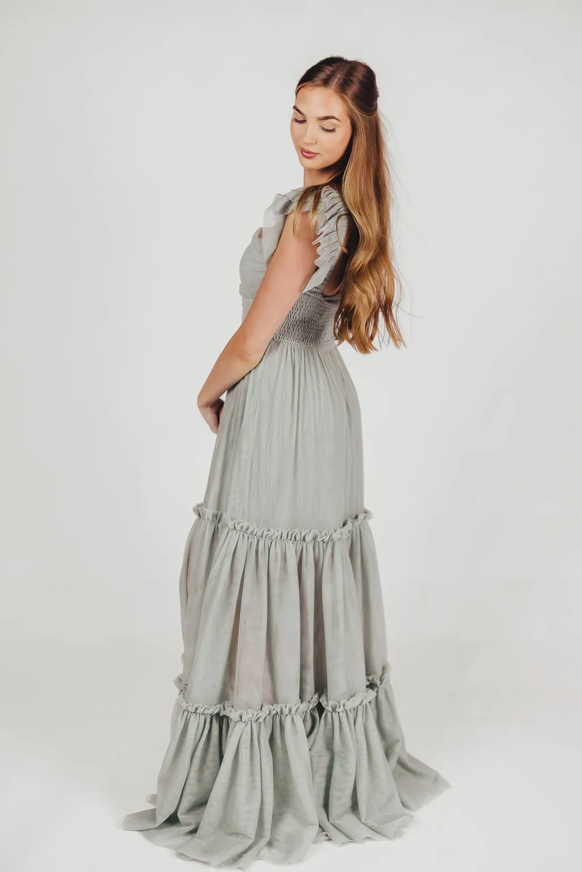 Bella Tiered Tulle Maxi Dress in Sage - Bump Friendly & Inclusive Sizing (S-3XL)