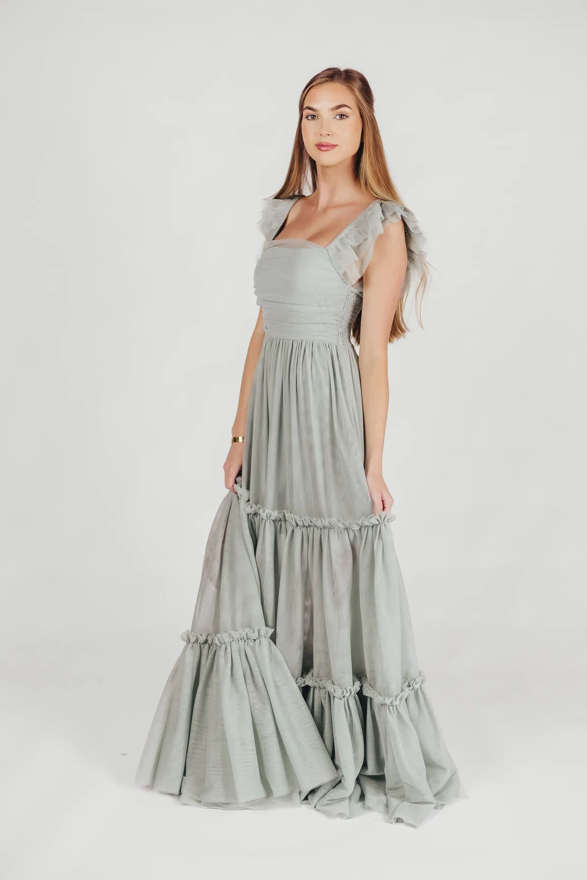 Bella Tiered Tulle Maxi Dress in Sage - Bump Friendly & Inclusive Sizing (S-3XL)