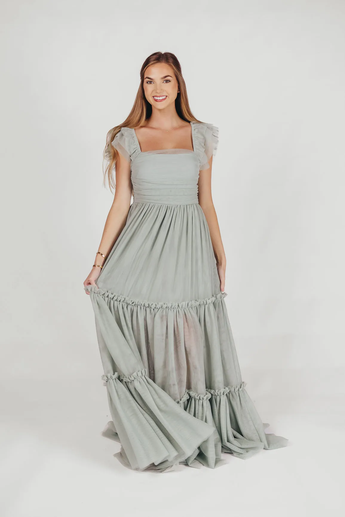 Bella Tiered Tulle Maxi Dress in Sage - Bump Friendly & Inclusive Sizing (S-3XL)