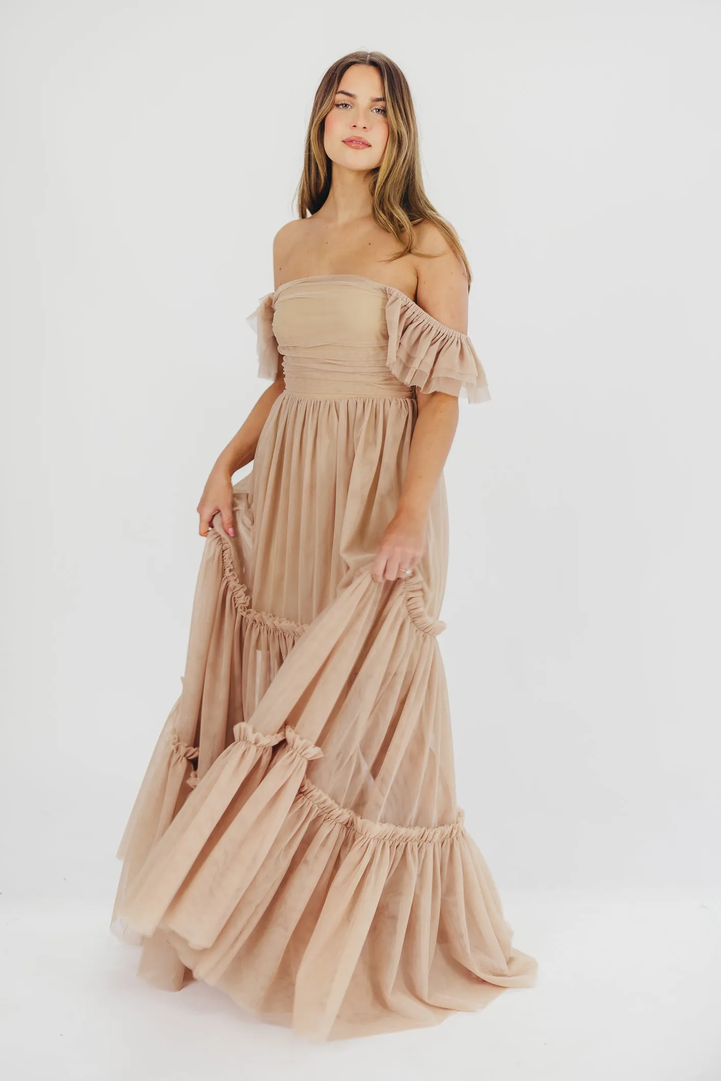 Bella Tiered Tulle Maxi Dress in Taupe - Bump Friendly & Inclusive Sizing (S-3XL)