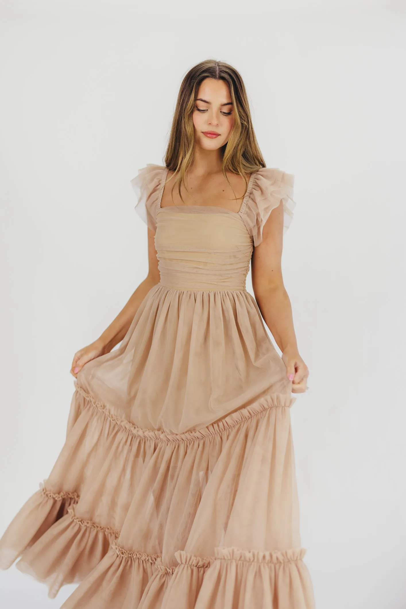 Bella Tiered Tulle Maxi Dress in Taupe - Bump Friendly & Inclusive Sizing (S-3XL)