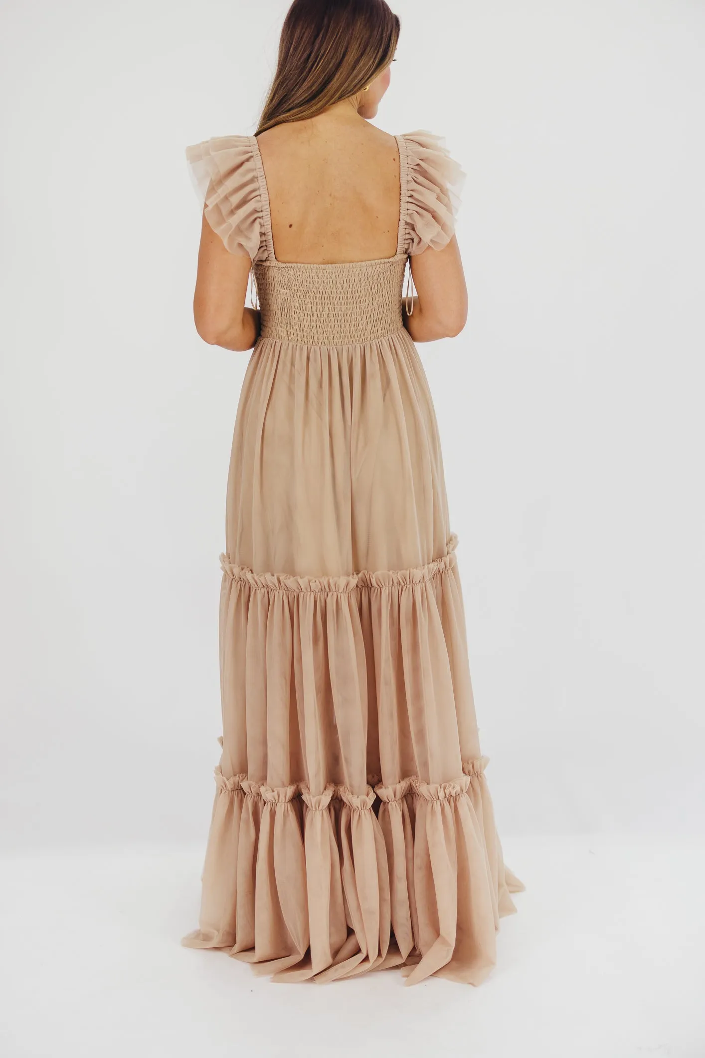 Bella Tiered Tulle Maxi Dress in Taupe - Bump Friendly & Inclusive Sizing (S-3XL)