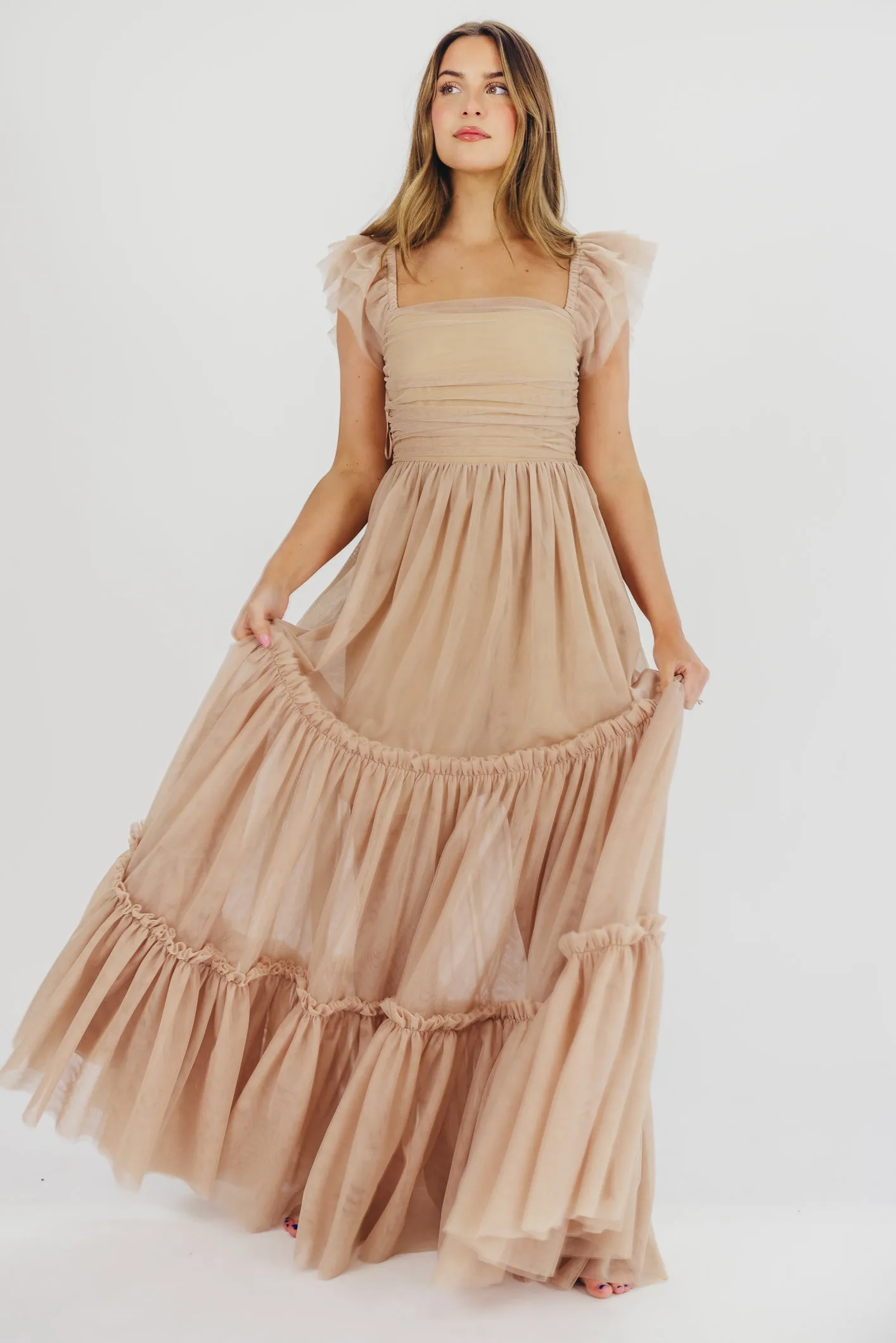 Bella Tiered Tulle Maxi Dress in Taupe - Bump Friendly & Inclusive Sizing (S-3XL)