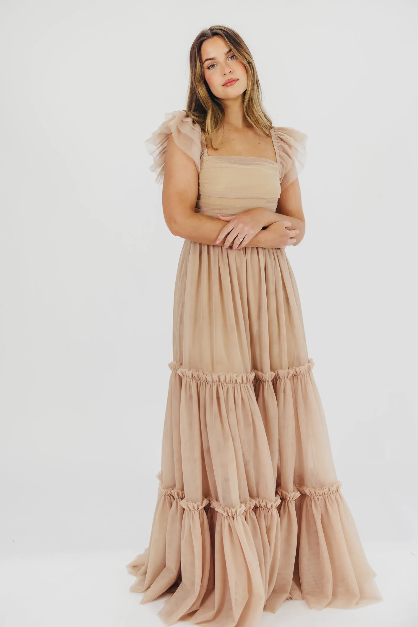 Bella Tiered Tulle Maxi Dress in Taupe - Bump Friendly & Inclusive Sizing (S-3XL)