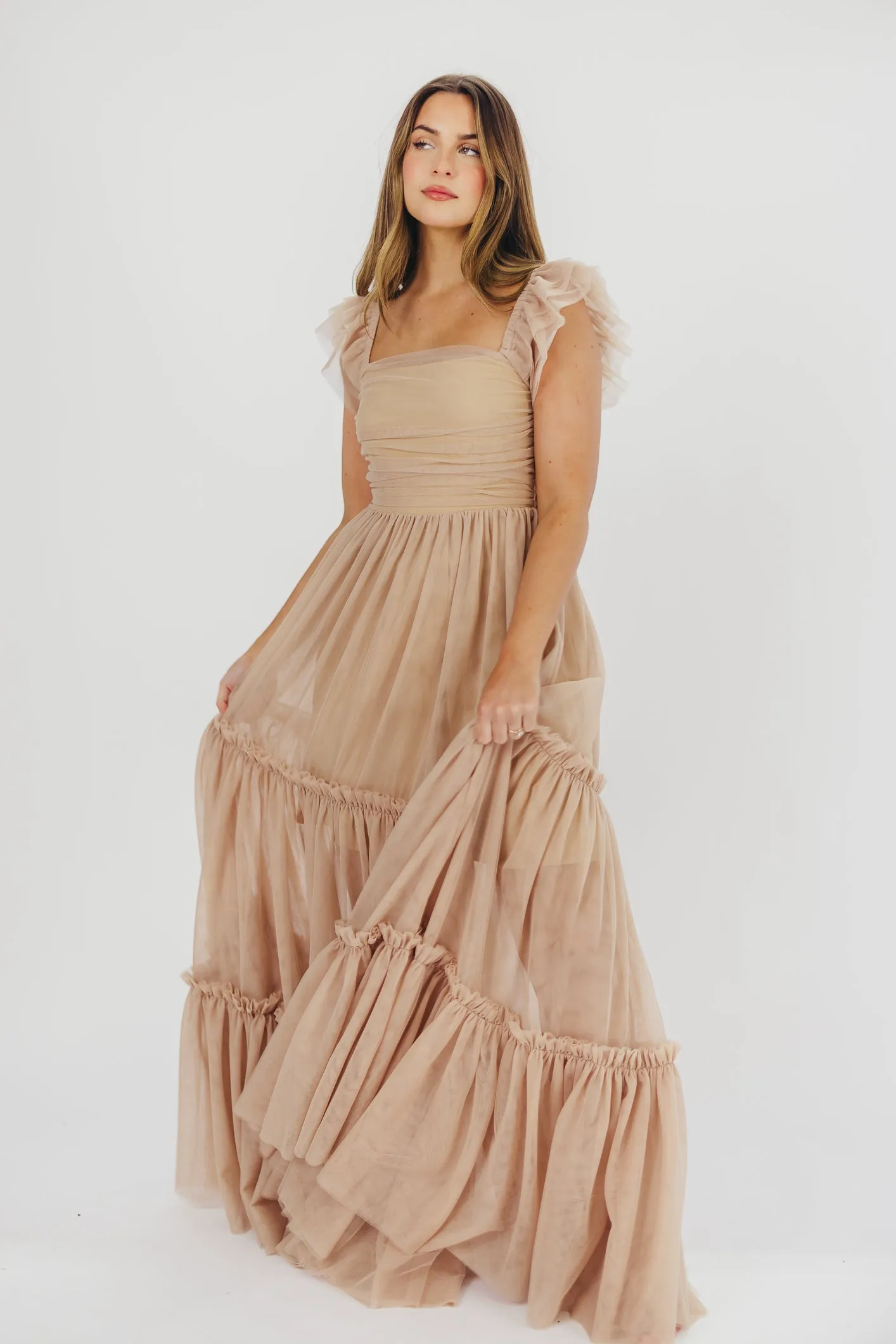 Bella Tiered Tulle Maxi Dress in Taupe - Bump Friendly & Inclusive Sizing (S-3XL)