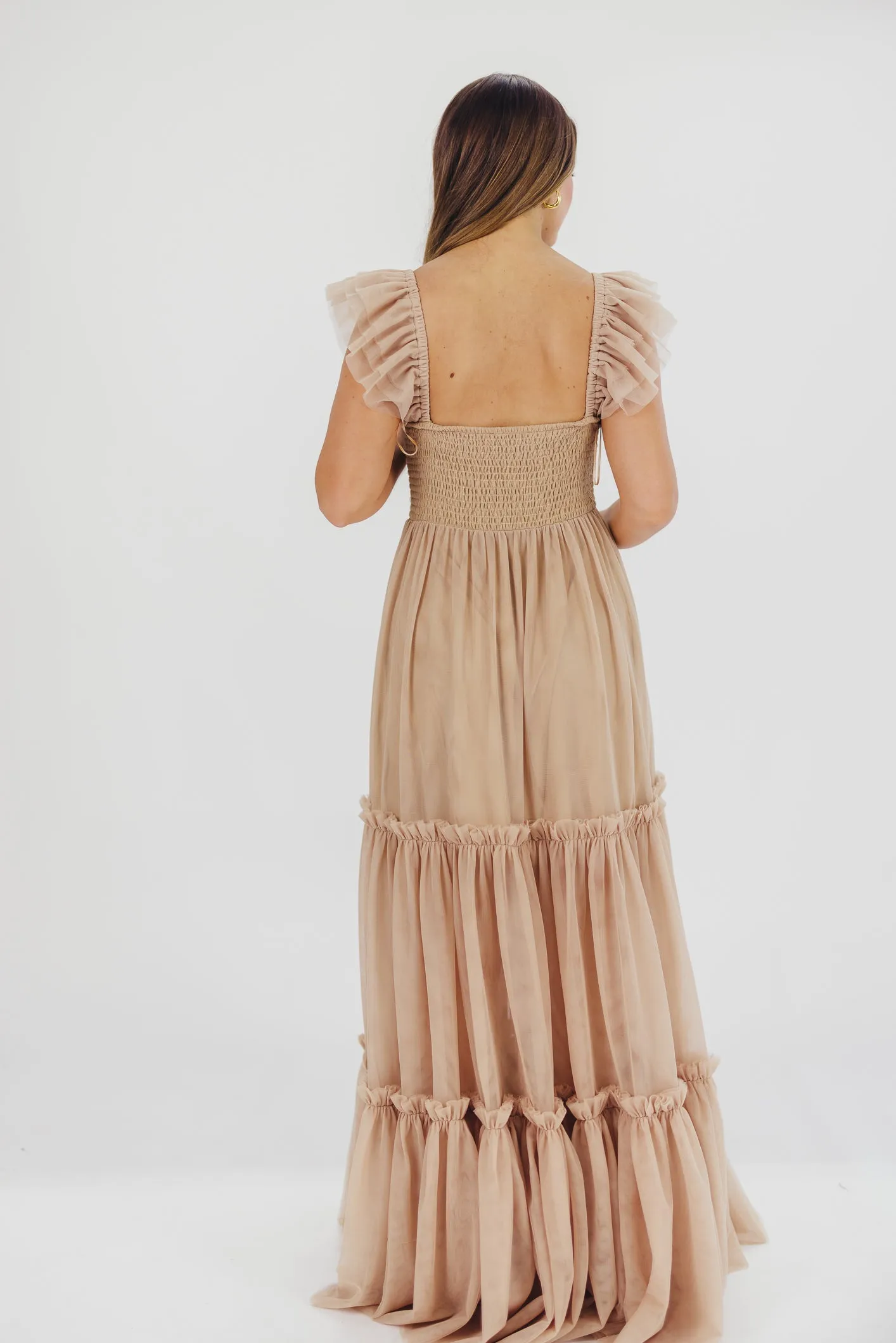 Bella Tiered Tulle Maxi Dress in Taupe - Bump Friendly & Inclusive Sizing (S-3XL)