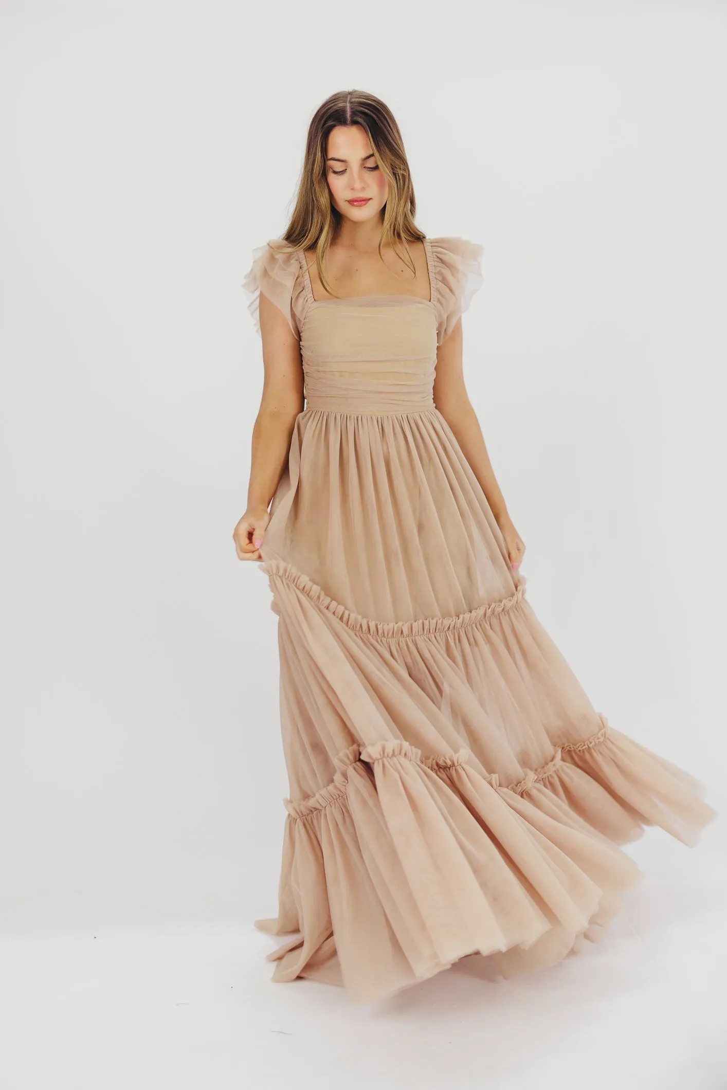 Bella Tiered Tulle Maxi Dress in Taupe - Bump Friendly & Inclusive Sizing (S-3XL)