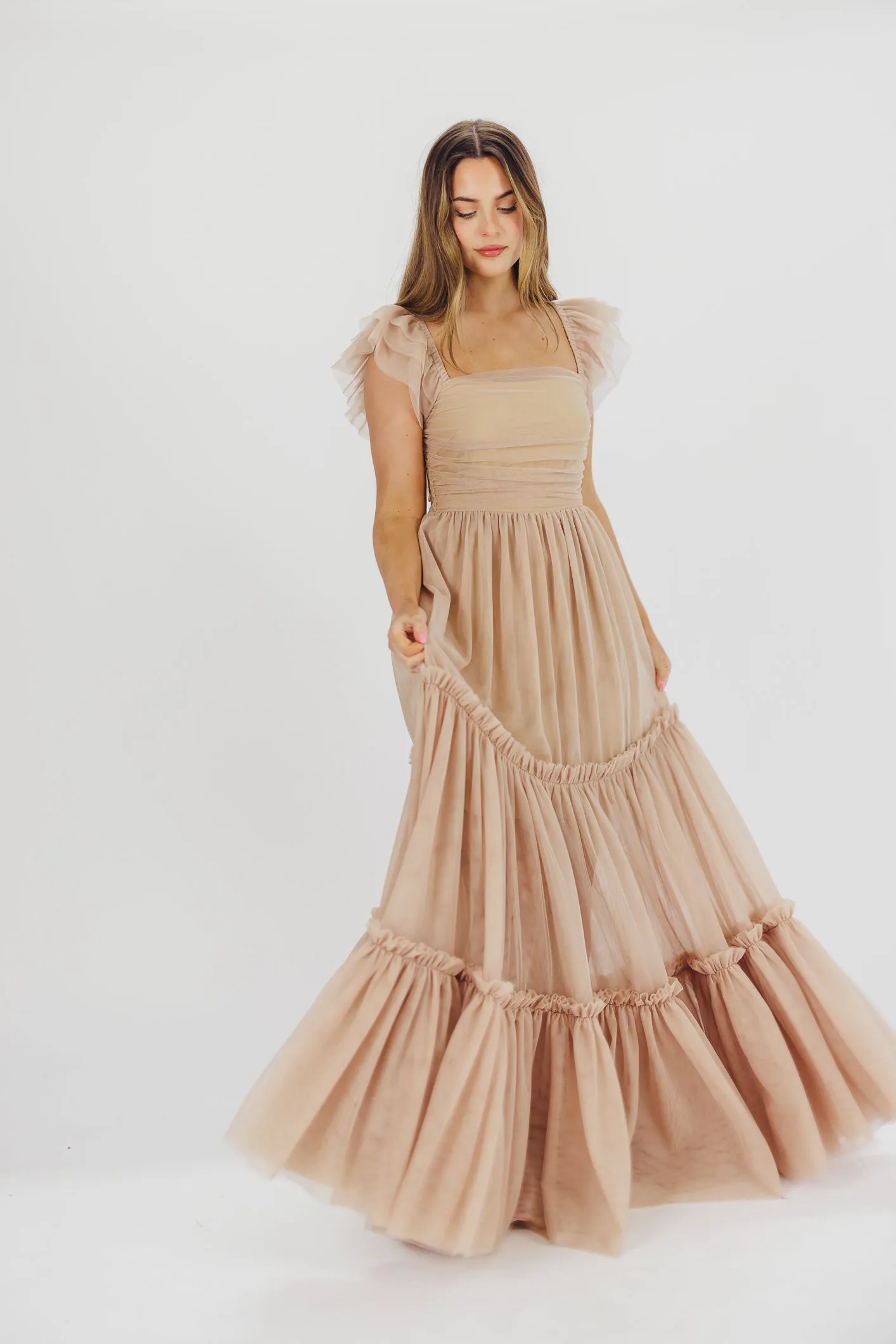 Bella Tiered Tulle Maxi Dress in Taupe - Bump Friendly & Inclusive Sizing (S-3XL)