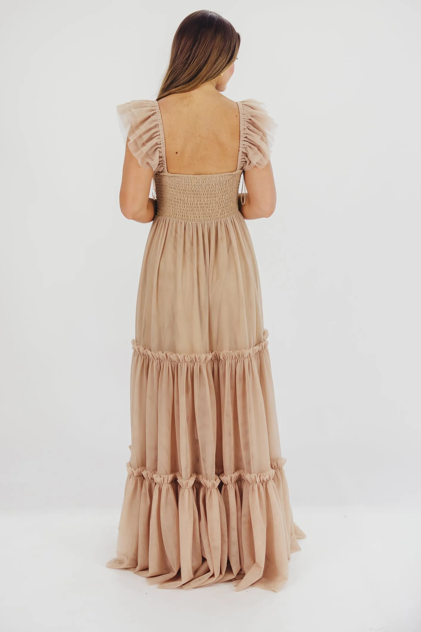 Bella Tiered Tulle Maxi Dress in Taupe - Bump Friendly & Inclusive Sizing (S-3XL)