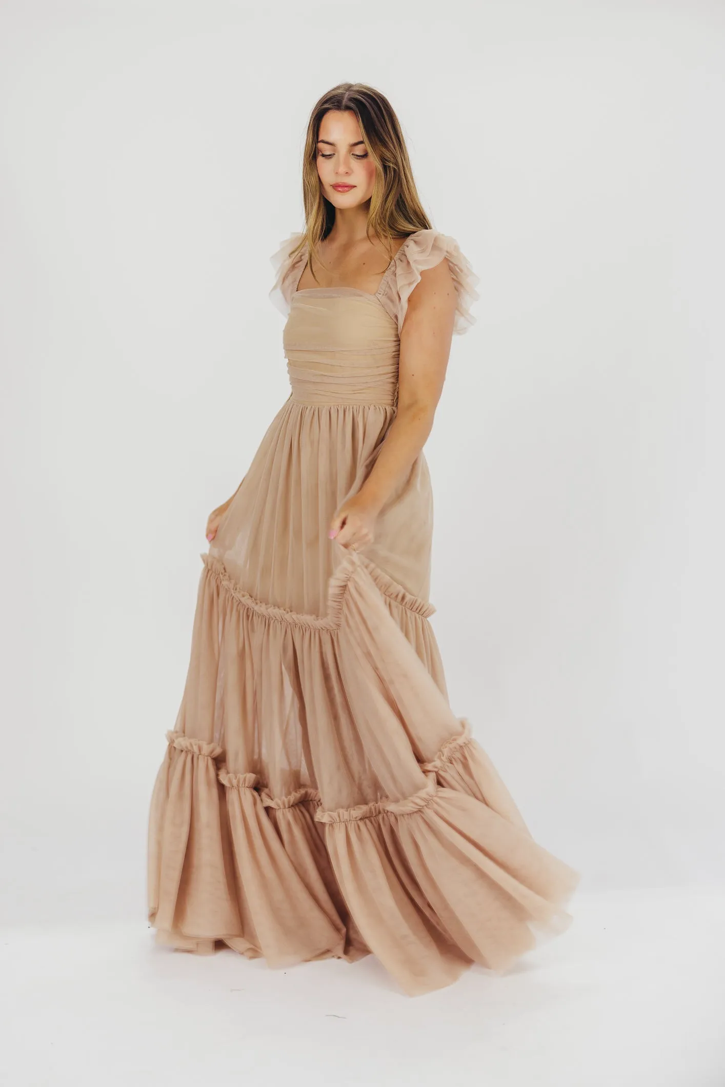 Bella Tiered Tulle Maxi Dress in Taupe - Bump Friendly & Inclusive Sizing (S-3XL)