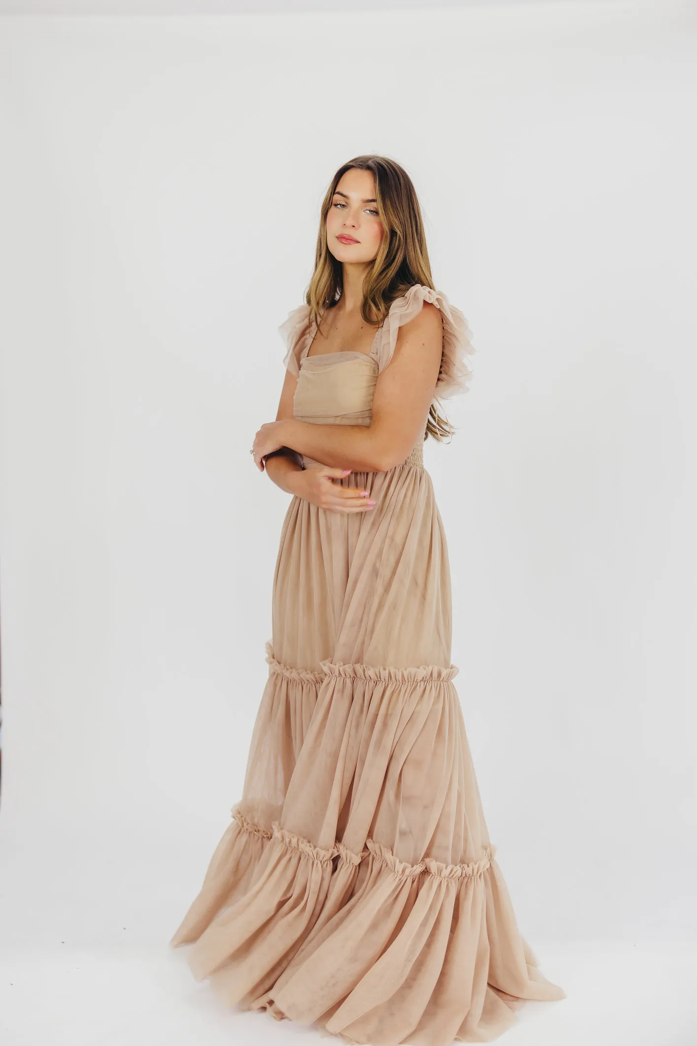 Bella Tiered Tulle Maxi Dress in Taupe - Bump Friendly & Inclusive Sizing (S-3XL)