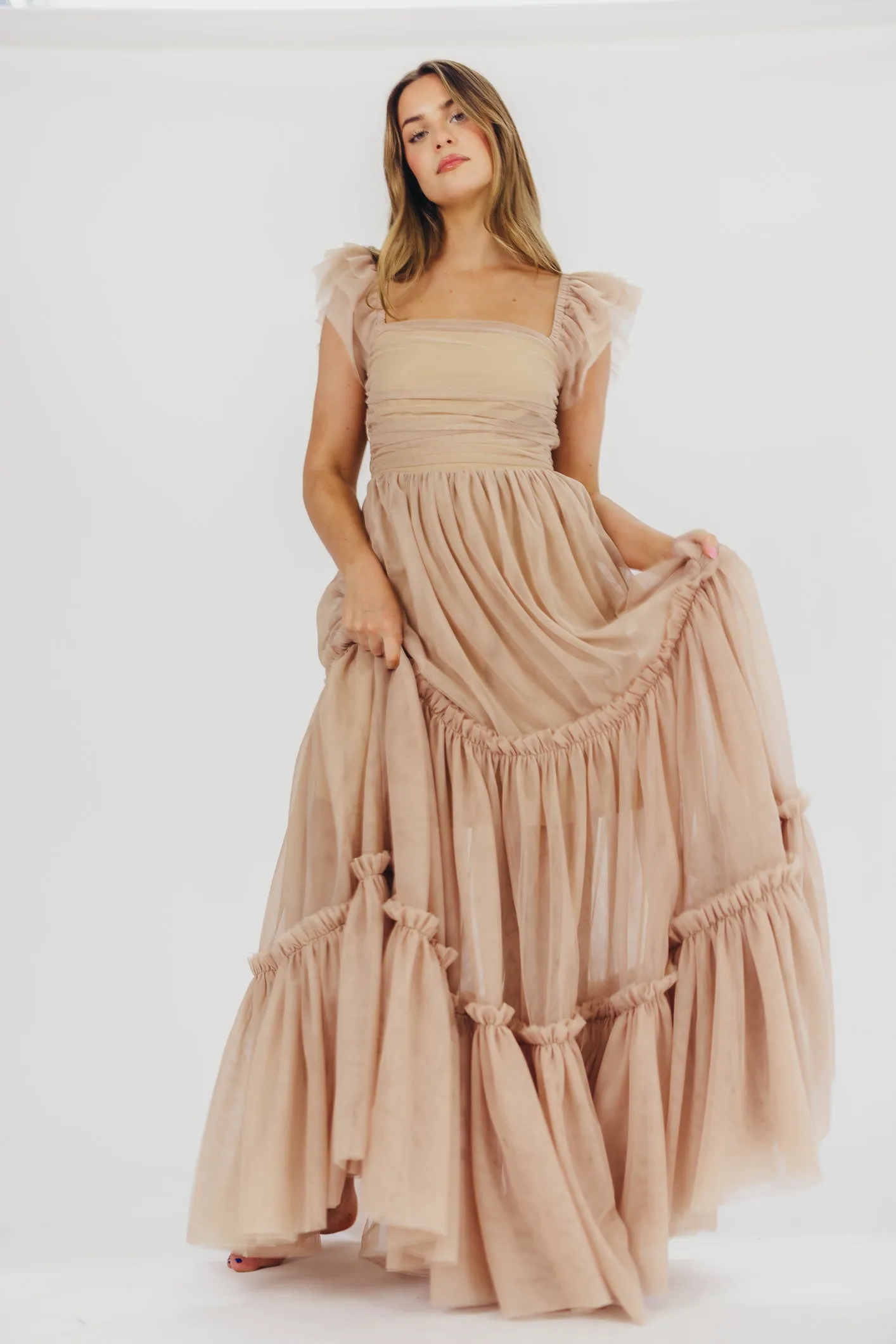 Bella Tiered Tulle Maxi Dress in Taupe - Bump Friendly & Inclusive Sizing (S-3XL)