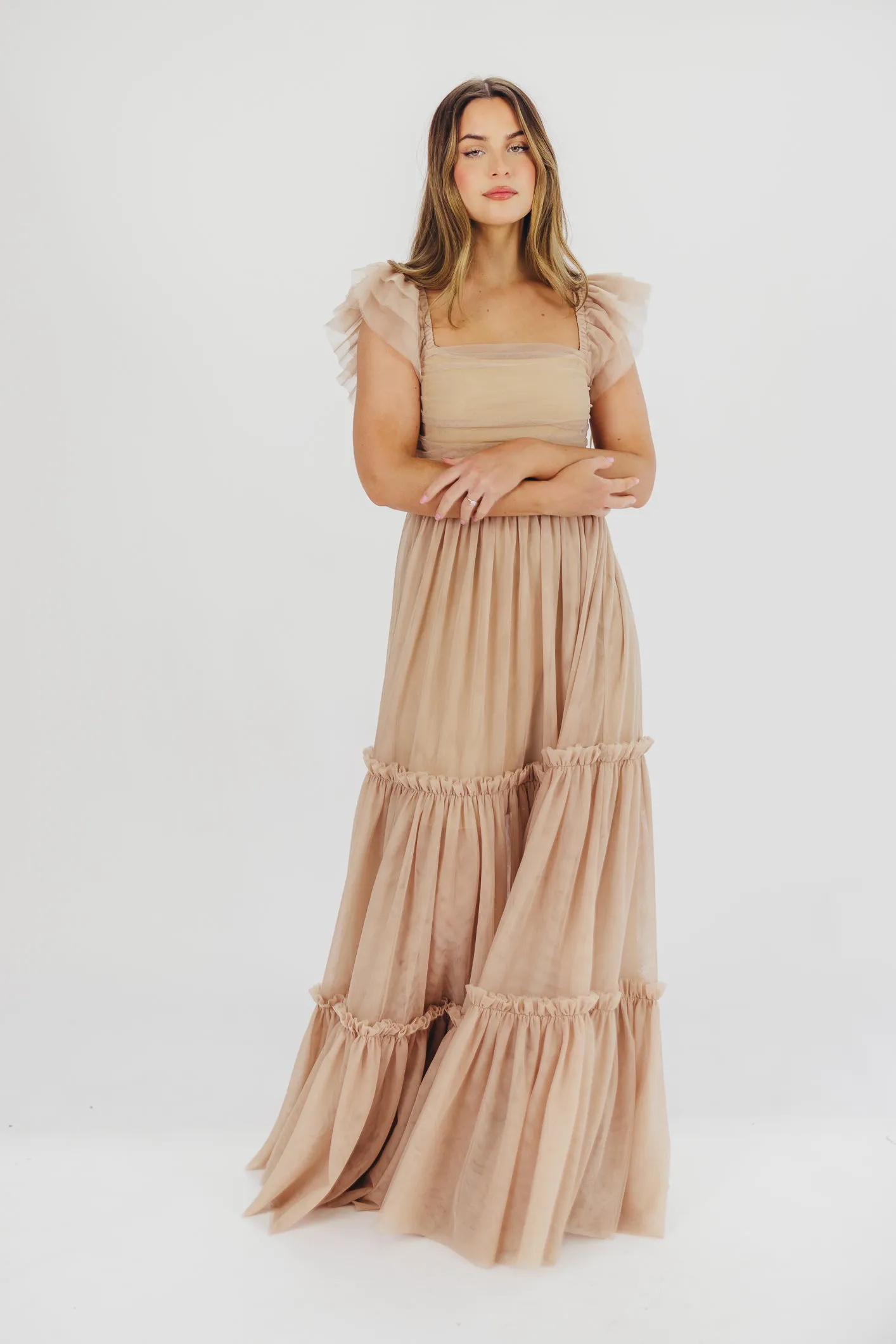 Bella Tiered Tulle Maxi Dress in Taupe - Bump Friendly & Inclusive Sizing (S-3XL)