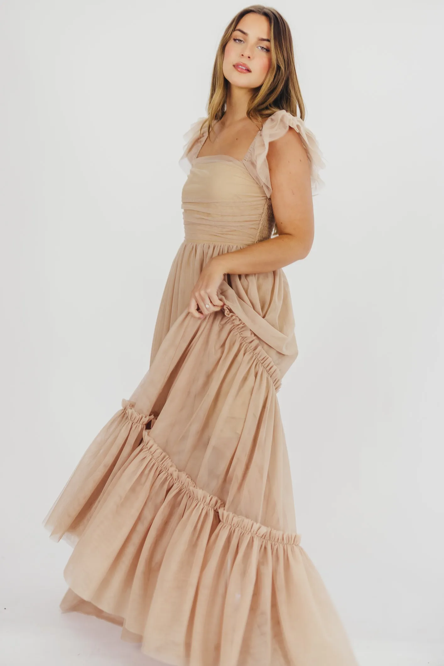 Bella Tiered Tulle Maxi Dress in Taupe - Bump Friendly & Inclusive Sizing (S-3XL)