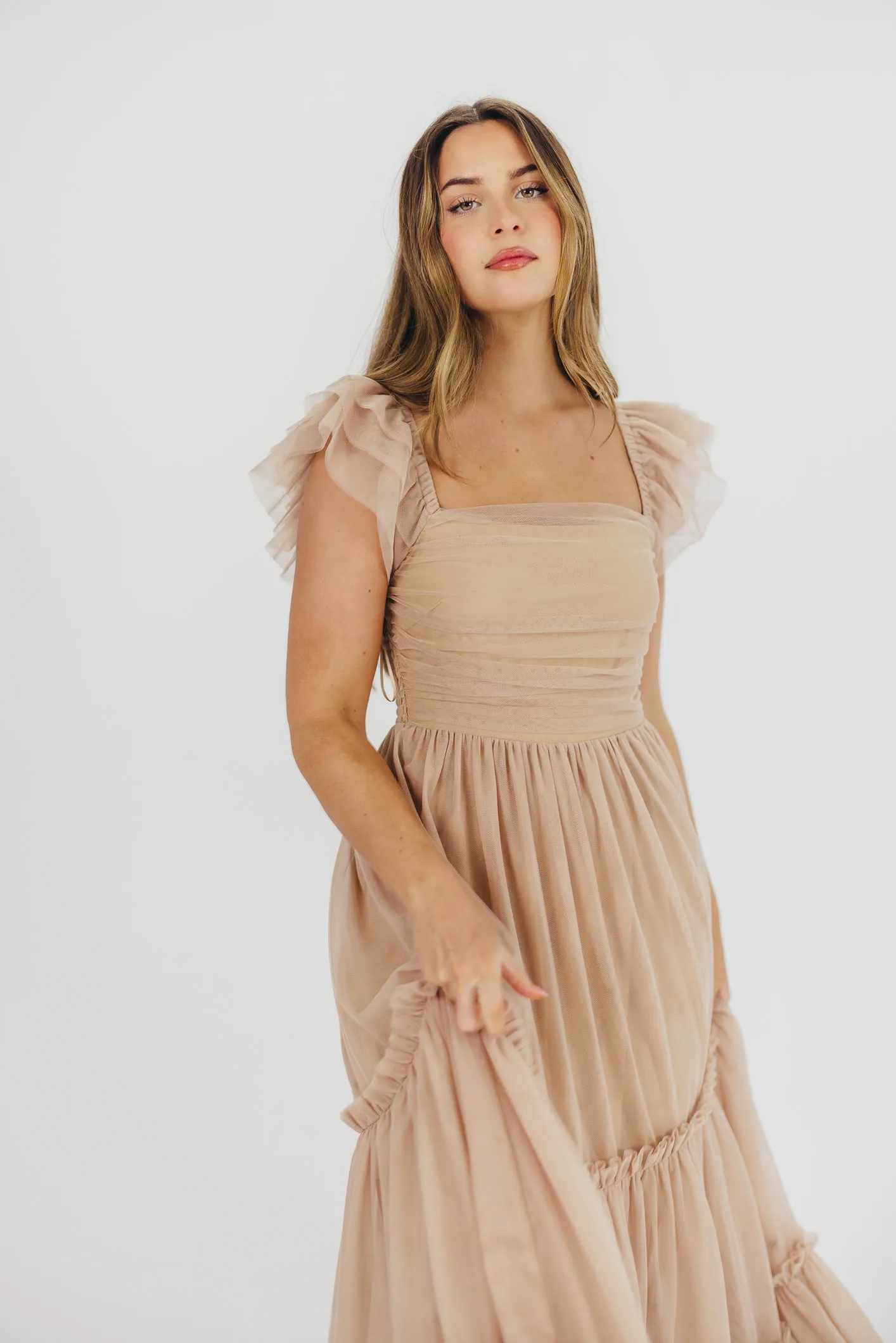 Bella Tiered Tulle Maxi Dress in Taupe - Bump Friendly & Inclusive Sizing (S-3XL)