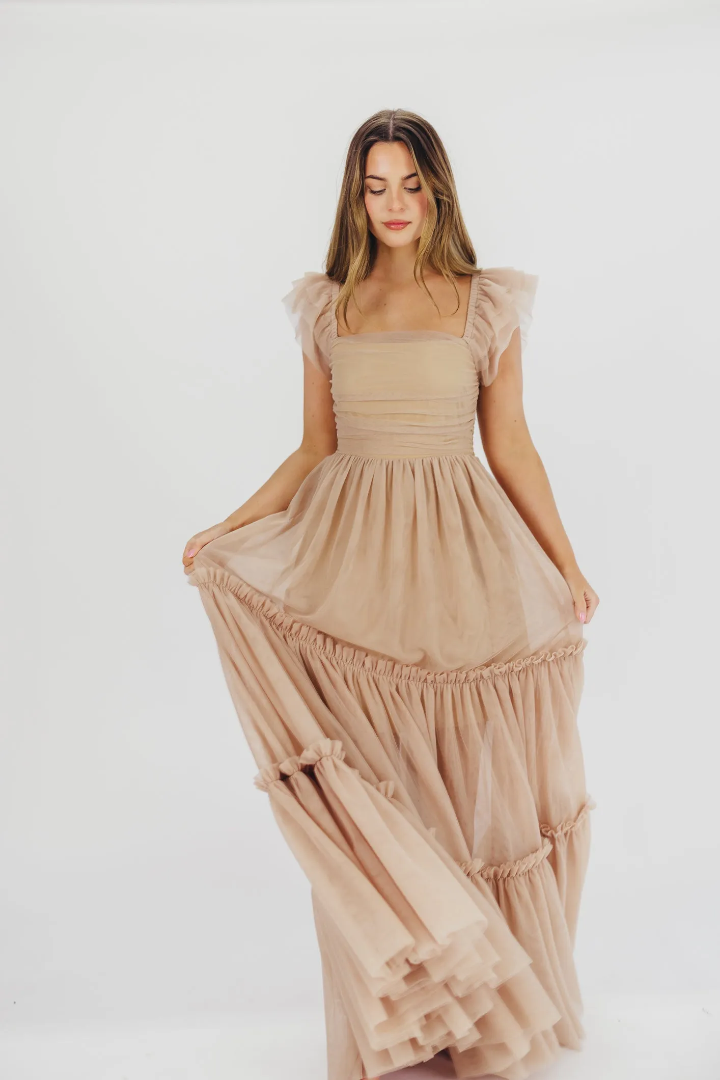 Bella Tiered Tulle Maxi Dress in Taupe - Bump Friendly & Inclusive Sizing (S-3XL)