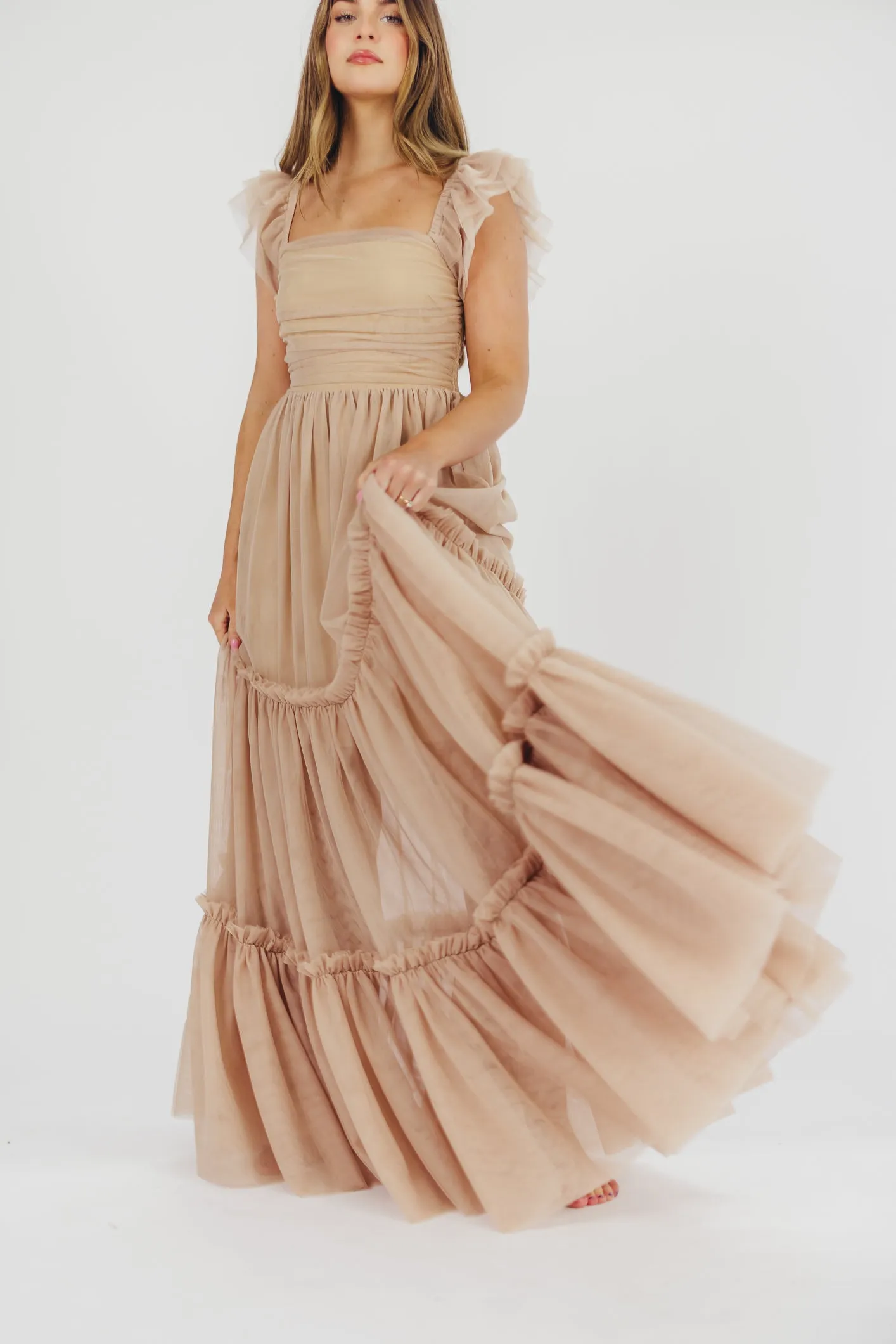 Bella Tiered Tulle Maxi Dress in Taupe - Bump Friendly & Inclusive Sizing (S-3XL)