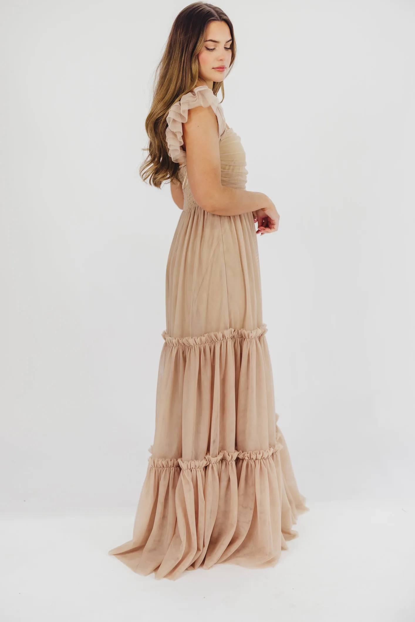 Bella Tiered Tulle Maxi Dress in Taupe - Bump Friendly & Inclusive Sizing (S-3XL)