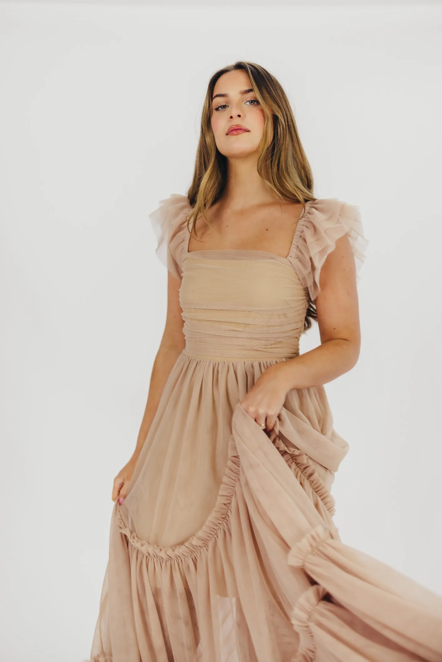 Bella Tiered Tulle Maxi Dress in Taupe - Bump Friendly & Inclusive Sizing (S-3XL)