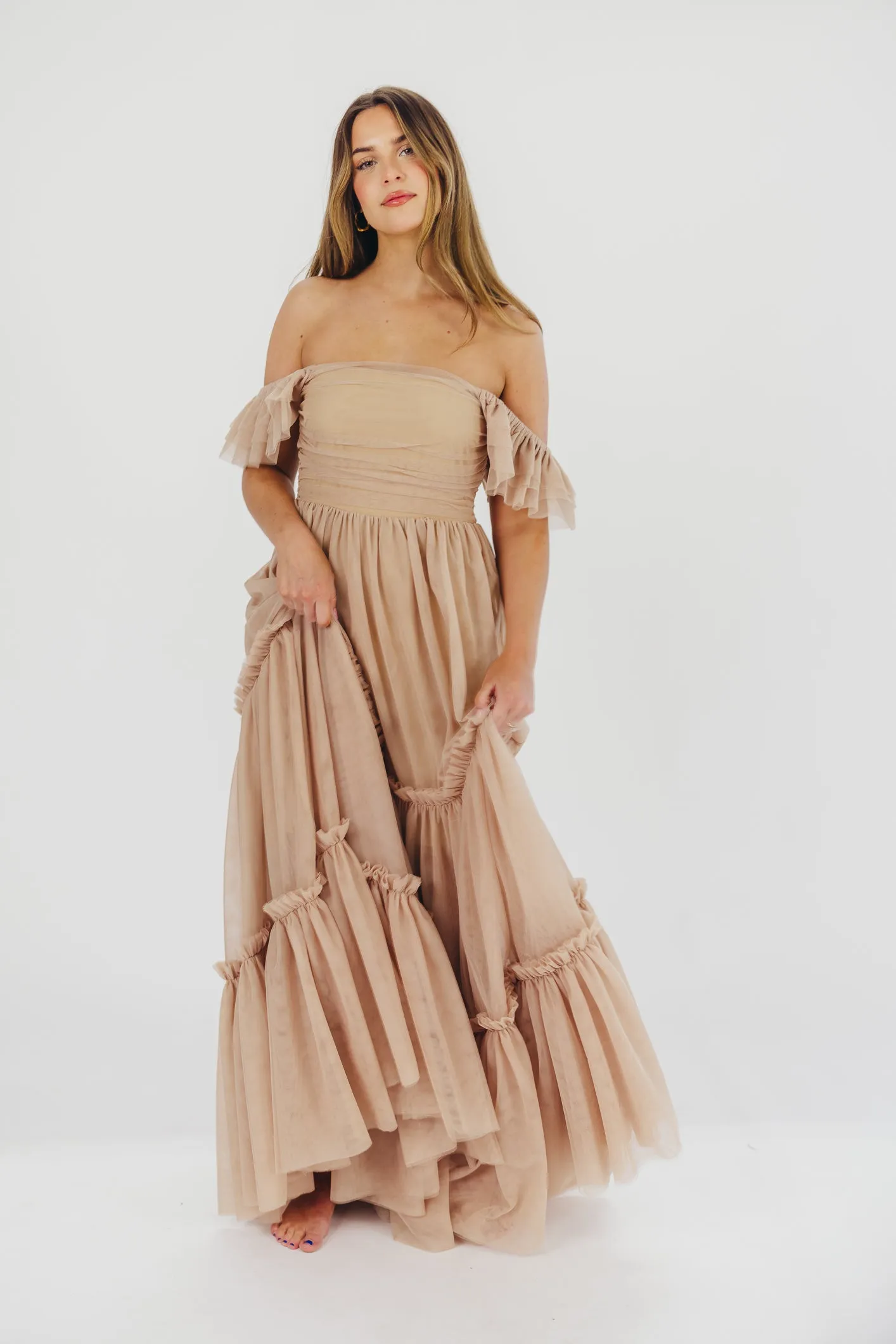 Bella Tiered Tulle Maxi Dress in Taupe - Bump Friendly & Inclusive Sizing (S-3XL)