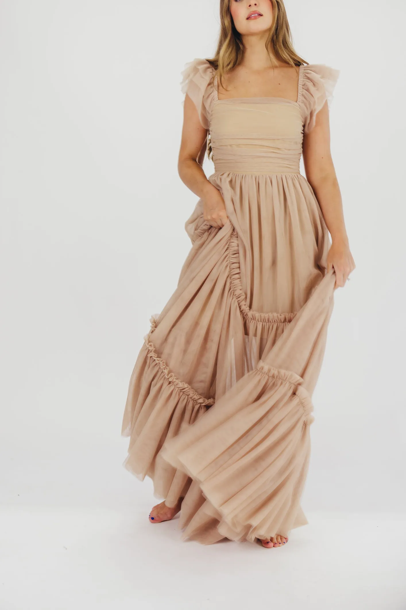 Bella Tiered Tulle Maxi Dress in Taupe - Bump Friendly & Inclusive Sizing (S-3XL)