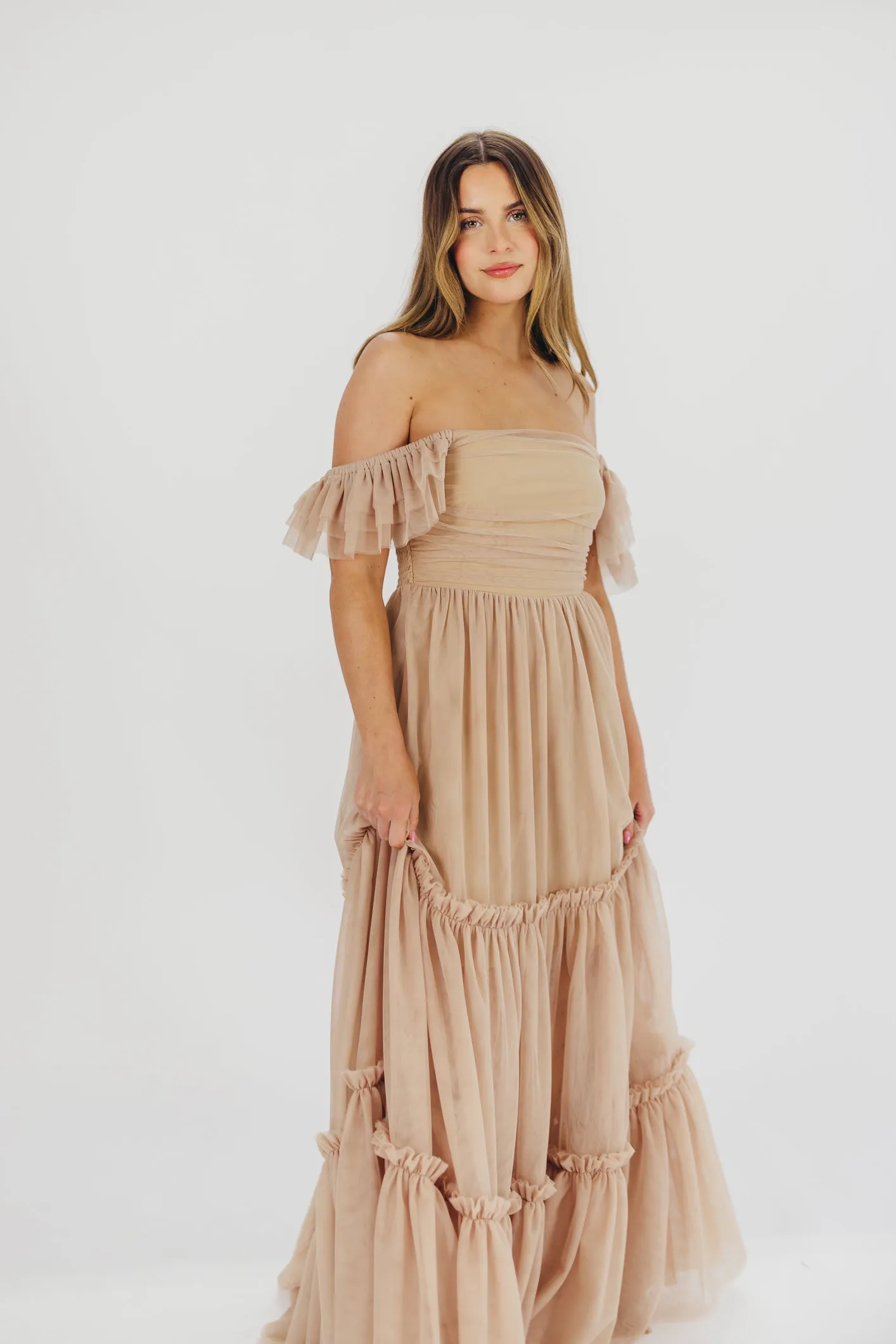 Bella Tiered Tulle Maxi Dress in Taupe - Bump Friendly & Inclusive Sizing (S-3XL)